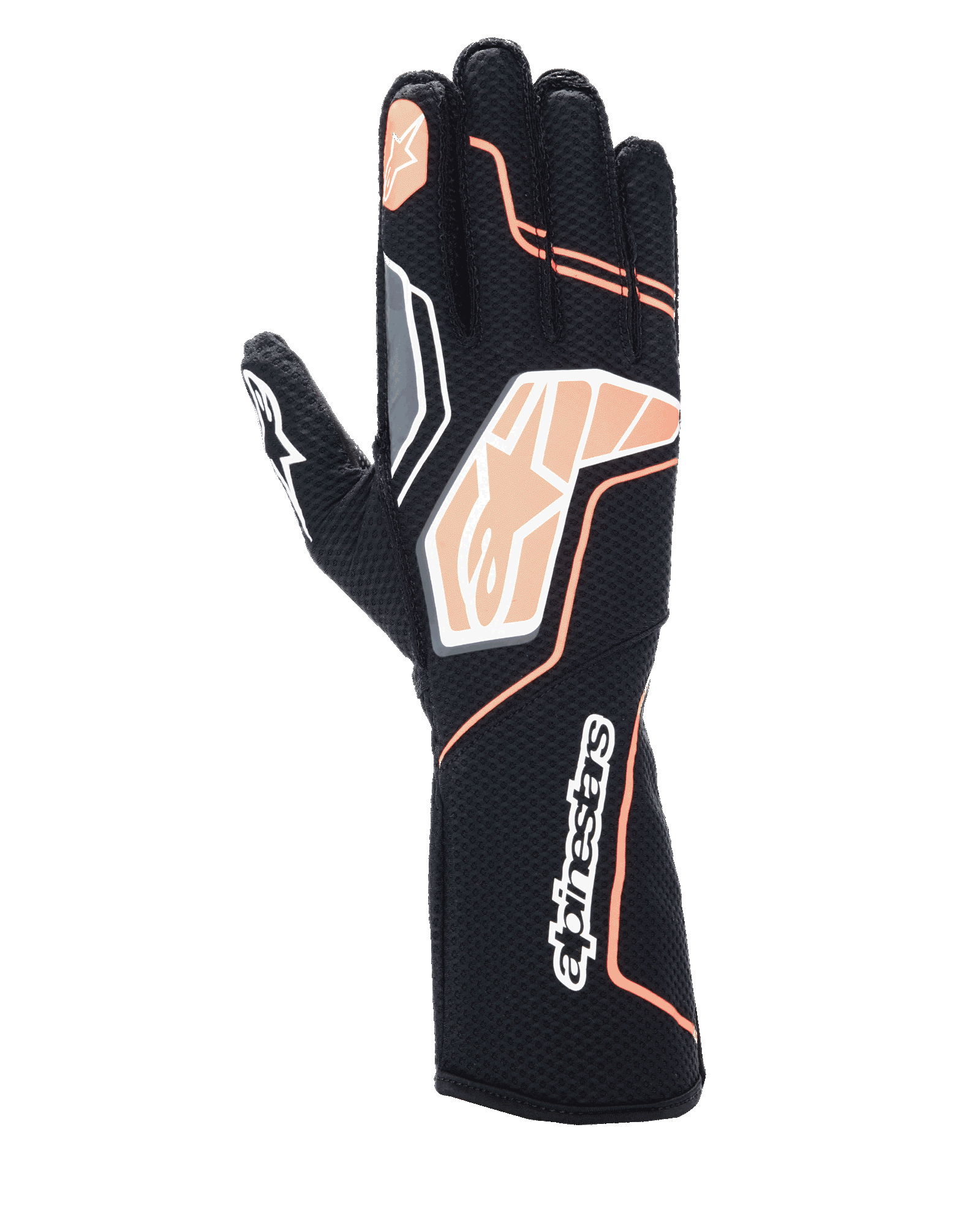 Alpinestars Tech-1 KX V4 handsker, kartinghandsker, sort og fluorescerende orange, viser åndbar mesh-konstruktion, orange og hvide grafiske detaljer, Alpinestars-logo på knoerne og manchetten, professionelt racerdesign