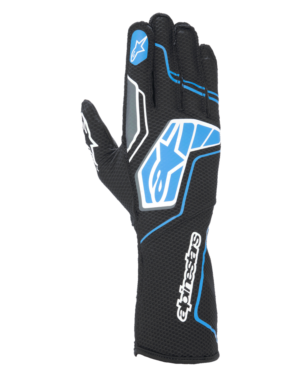 Alpinestars Tech-1 KX V4 handsker, kartinghandsker, sort og blå, med dobbeltlags åndbart mesh, blå og hvide grafiske mønstre med Alpinestars-logo, sportsligt design til konkurrencepræget karting