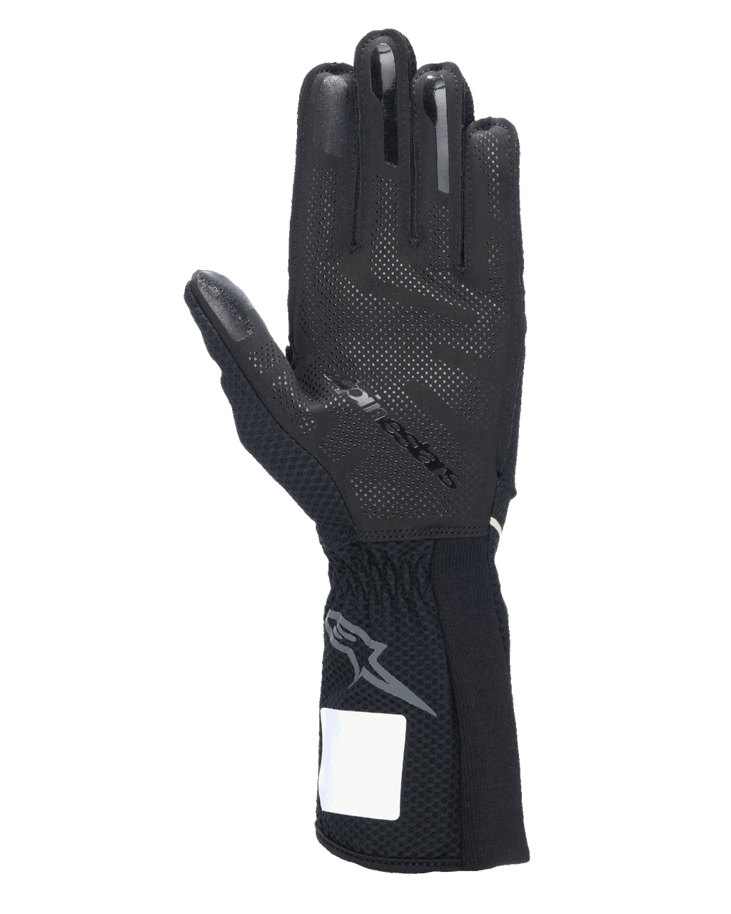Alpinestars Tech-1 KX V4 handsker, kartinghandsker, sort, set fra håndfladen med 3D-silikonegreb, udvendige sømme og ribbet manchet med gråt Astars-logo, professionelt motorsport-racerudstyr