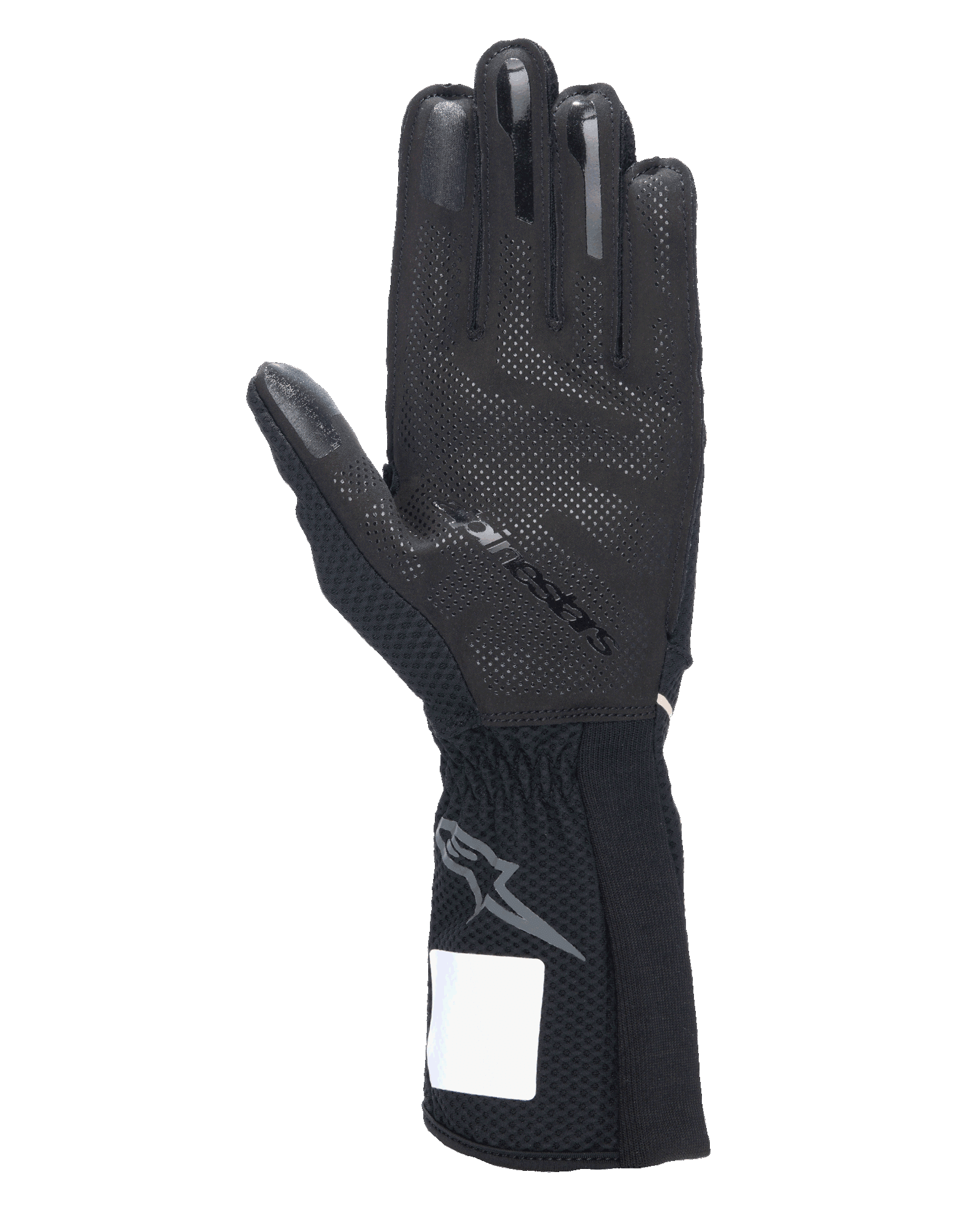 Alpinestars Tech-1 KX V4 handsker, kartinghandsker, sort, set fra håndfladen med 3D-silikonegreb, udvendige sømme og ribbet manchet med gråt Astars-logo, professionelt motorsport-racerudstyr