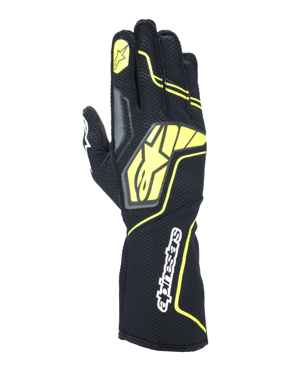 Alpinestars Tech-1 KX V4 handsker, karting racinghandsker, Tar Gray, sort og fluorescerende gul, set fra håndryggen med åndbar mesh-konstruktion, stort gult Alpinestars-logo, hvidt navnetræk på håndleddet, gul stjerne på pegefingeren, moderne sportsligt design
