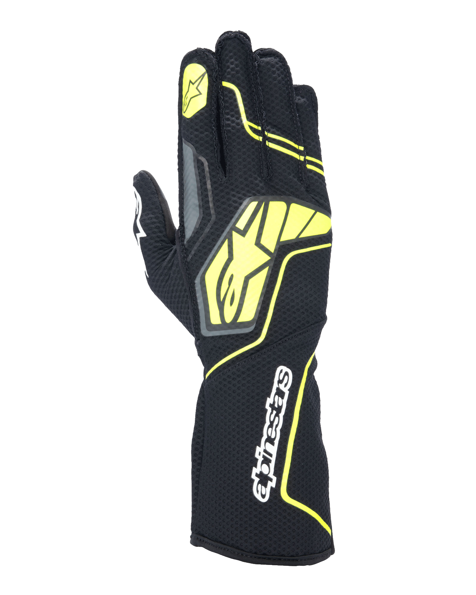 Alpinestars Tech-1 KX V4 handsker, karting racinghandsker, Tar Gray, sort og fluorescerende gul, set fra håndryggen med åndbar mesh-konstruktion, stort gult Alpinestars-logo, hvidt navnetræk på håndleddet, gul stjerne på pegefingeren, moderne sportsligt design