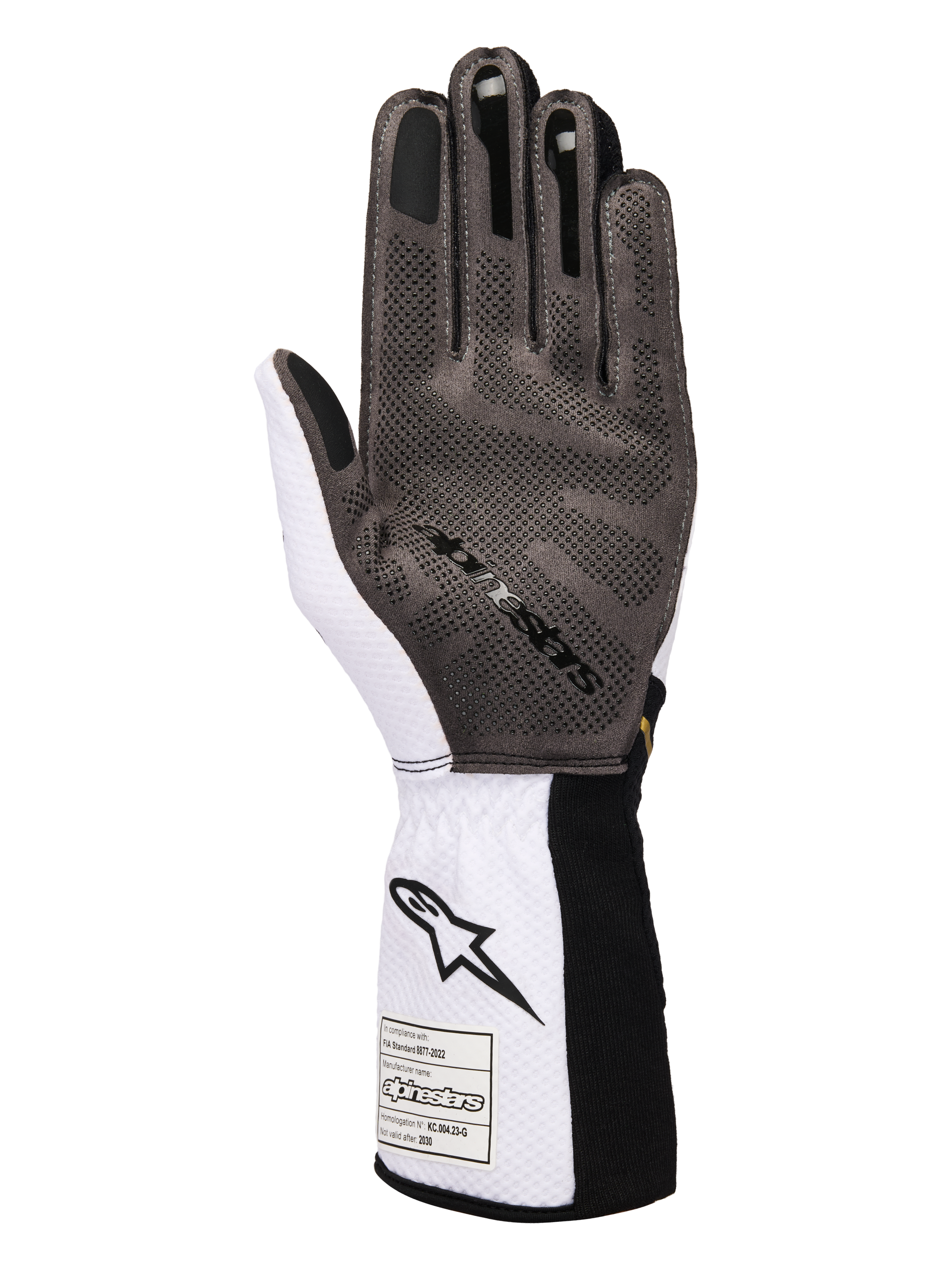 Alpinestars Tech-1 KX V4 Gloves, Karting Gloves, White Black and Gold, palm view showing 3D silicone grip pattern, breathable white mesh construction, and FIA 8877-2022 certification tag on the cuff.