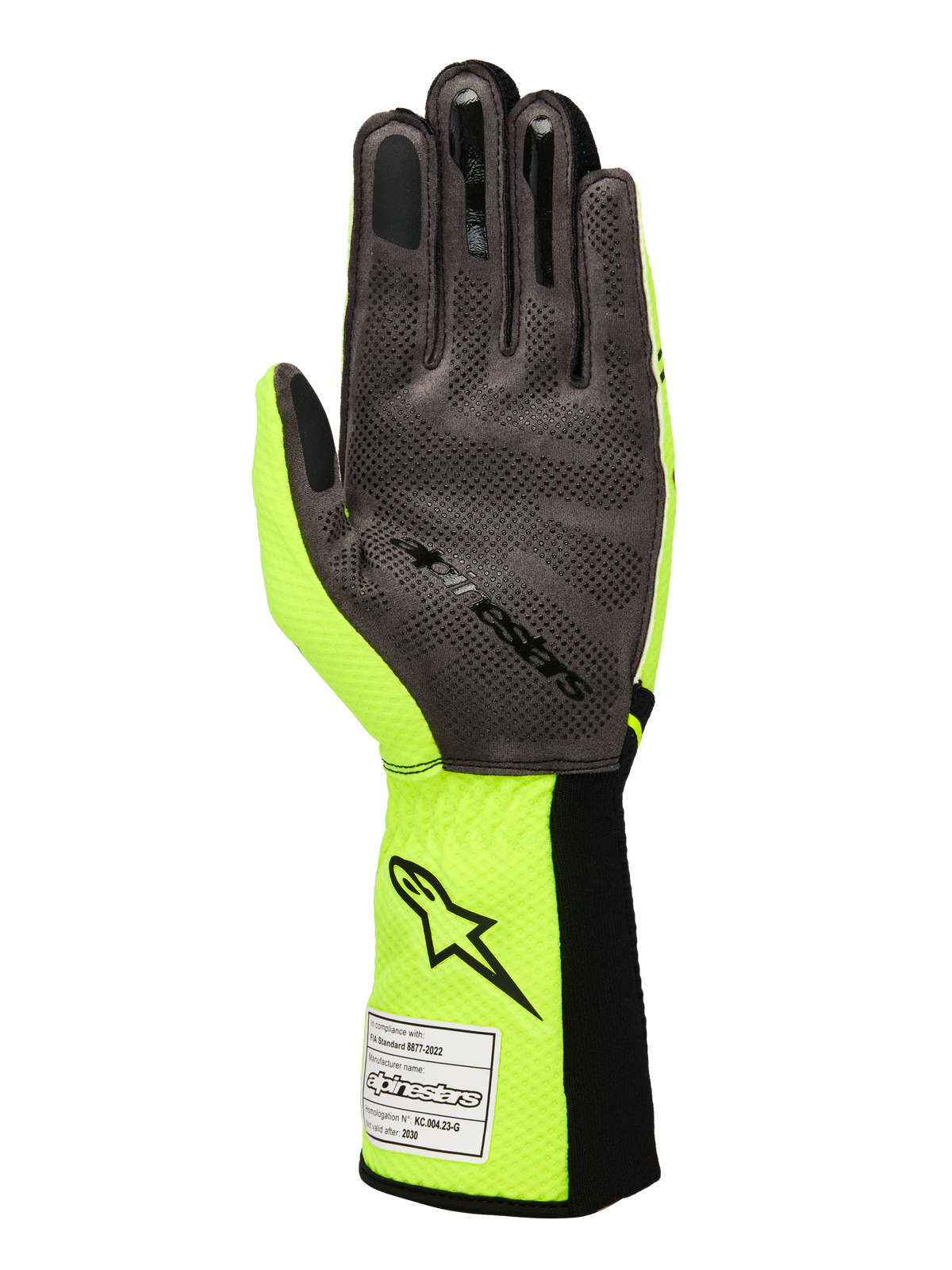 Alpinestars Tech-1 KX V4 handsker, gokarthandsker, gul fluo og sort, håndfladevisning med grå syntetisk ruskind og 3D-silikone-grebsmønster, FIA-homologeringsmærke på den ribbede manchet, performance racingdesign
