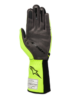 Alpinestars Tech-1 KX V4 handsker, gokarthandsker, gul fluo og sort, håndfladevisning med grå syntetisk ruskind og 3D-silikone-grebsmønster, FIA-homologeringsmærke på den ribbede manchet, performance racingdesign