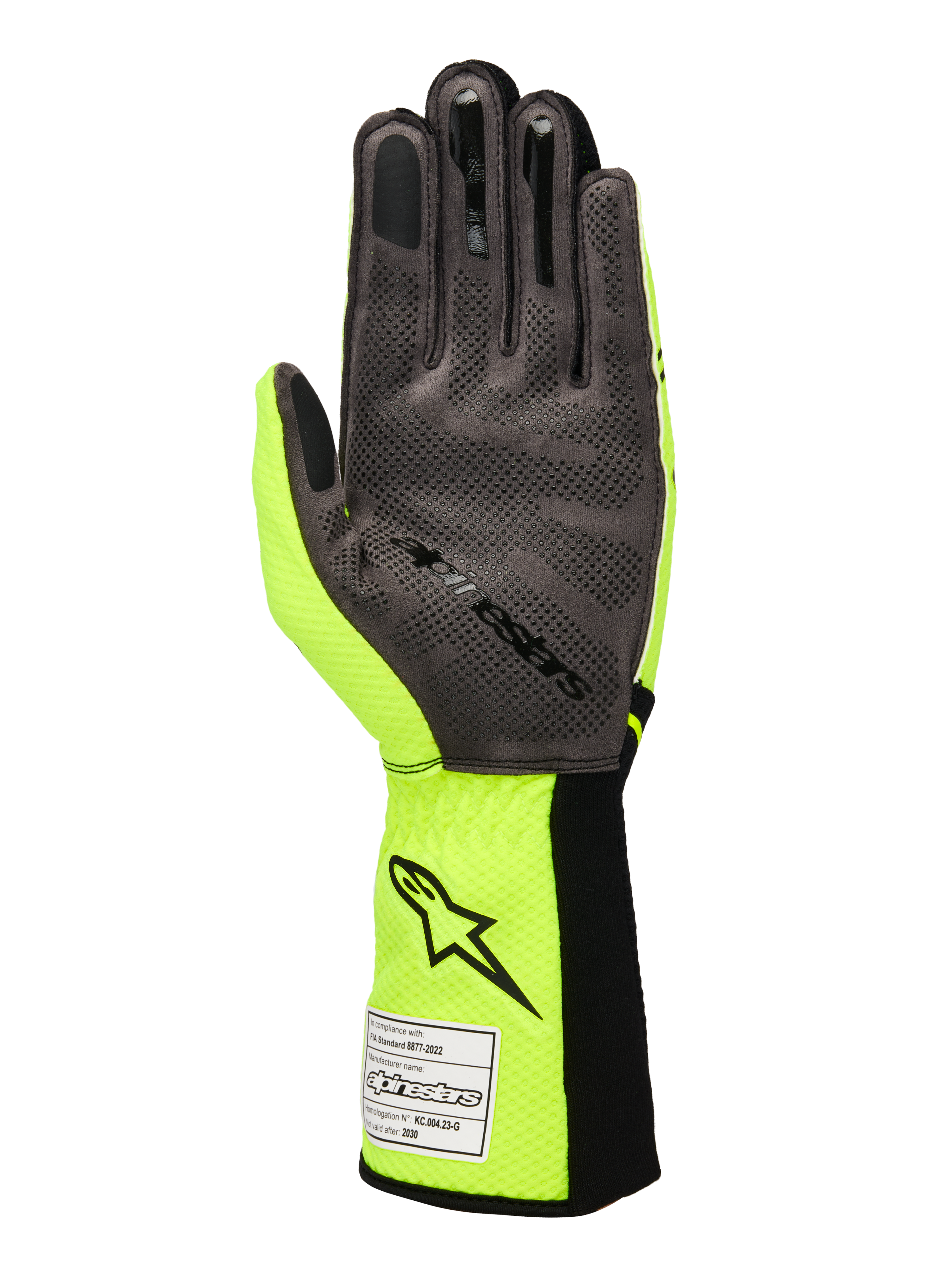 Alpinestars Tech-1 KX V4 handsker, gokarthandsker, gul fluo og sort, håndfladevisning med grå syntetisk ruskind og 3D-silikone-grebsmønster, FIA-homologeringsmærke på den ribbede manchet, performance racingdesign