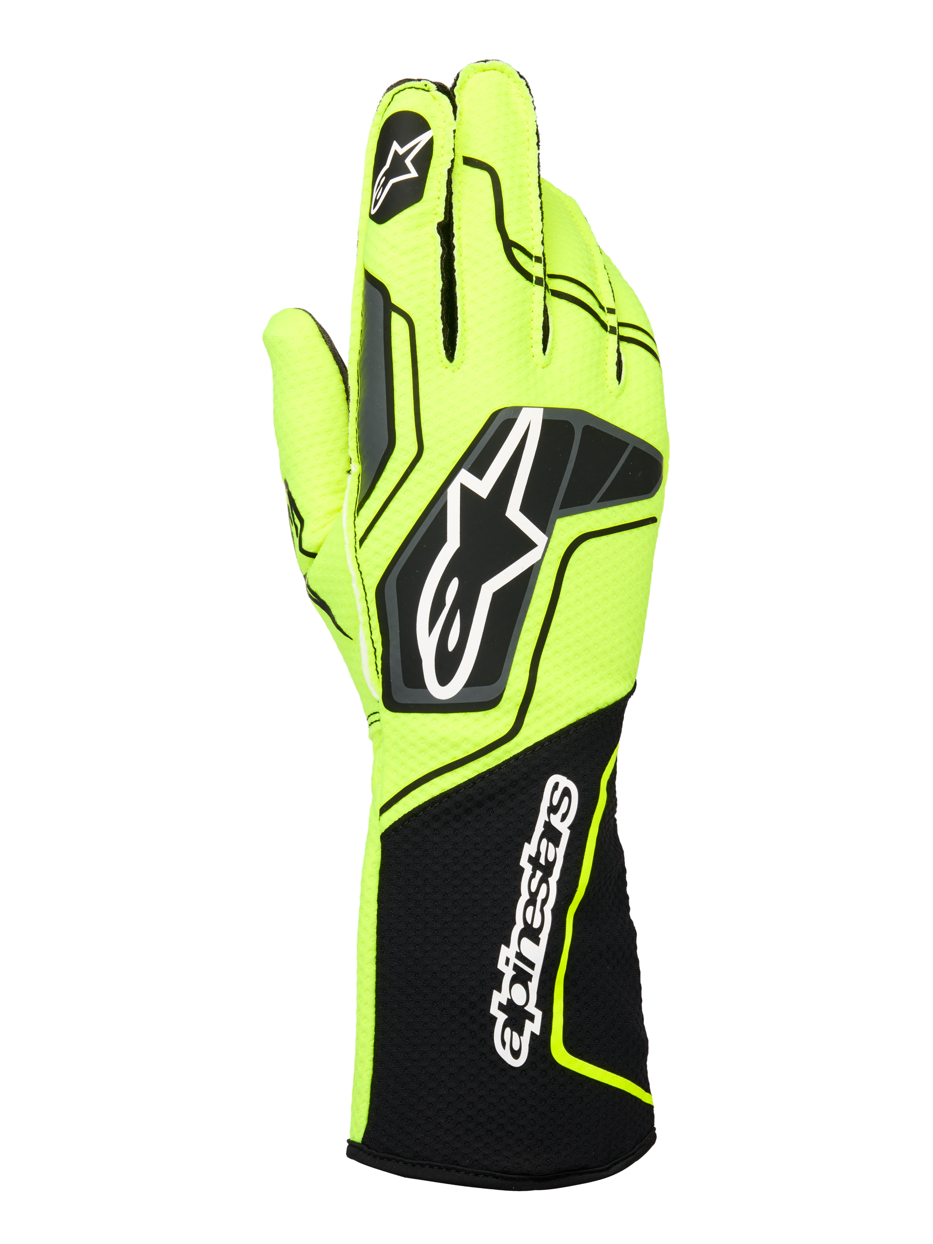 Alpinestars Tech-1 KX V4 handsker, karting racinghandsker, neongul og sort, set bagfra med en åndbar mesh-konstruktion i to lag, fremtrædende Astar-logo på hånden og Alpinestars-navnetræk på den forlængede ribbede manchet, ergonomisk performance-design