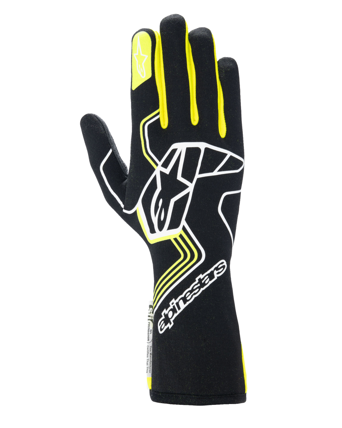 Alpinestars Tech-1 Race V4 Gloves, Auto Racing Gloves, Black with Yellow Fluo and White accents, featuring a large star logo on the back and smaller star on the index finger, sleek design with geometric patterns and extended gauntlet cuff