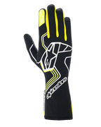 Alpinestars Tech-1 Race V4 Gloves, Auto Racing Gloves, Black with Yellow Fluo and White accents, featuring a large star logo on the back and smaller star on the index finger, sleek design with geometric patterns and extended gauntlet cuff