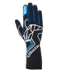Alpinestars Tech-1 Race V4 Gloves, Auto Racing Gloves, Black with Blue and White accents, featuring a large white logo on the backhand, blue finger piping, and extended gauntlet cuff, professional flame-resistant design for motorsport