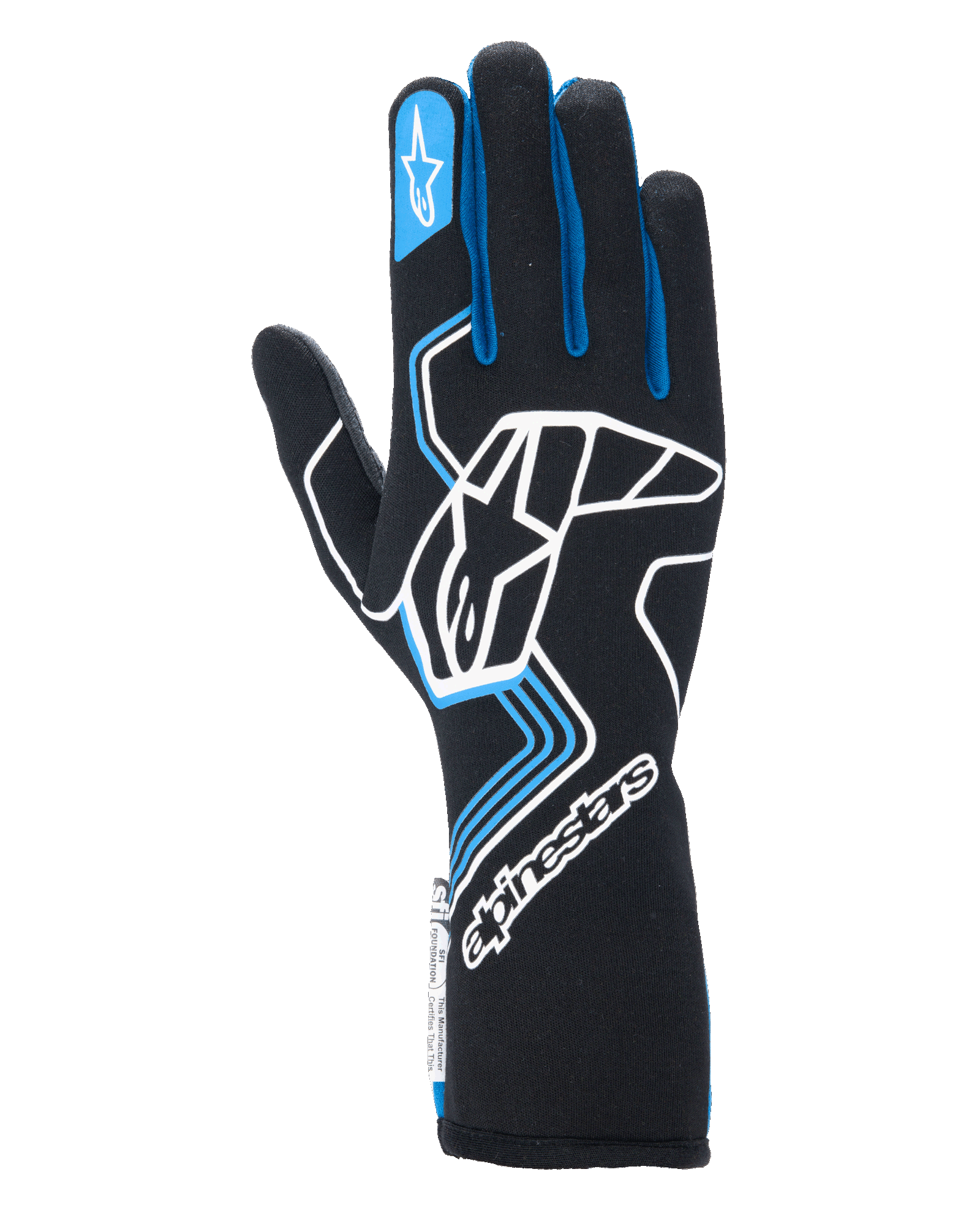 Alpinestars Tech-1 Race V4 Gloves, Auto Racing Gloves, Black with Blue and White accents, featuring a large white logo on the backhand, blue finger piping, and extended gauntlet cuff, professional flame-resistant design for motorsport