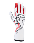 Alpinestars Tech-1 Race V4 Gloves, Auto Racing Gloves, White and Red with Black accents, featuring a bold black Alpinestars logo on the back of the hand, red star emblem on the index finger, professional full gauntlet design