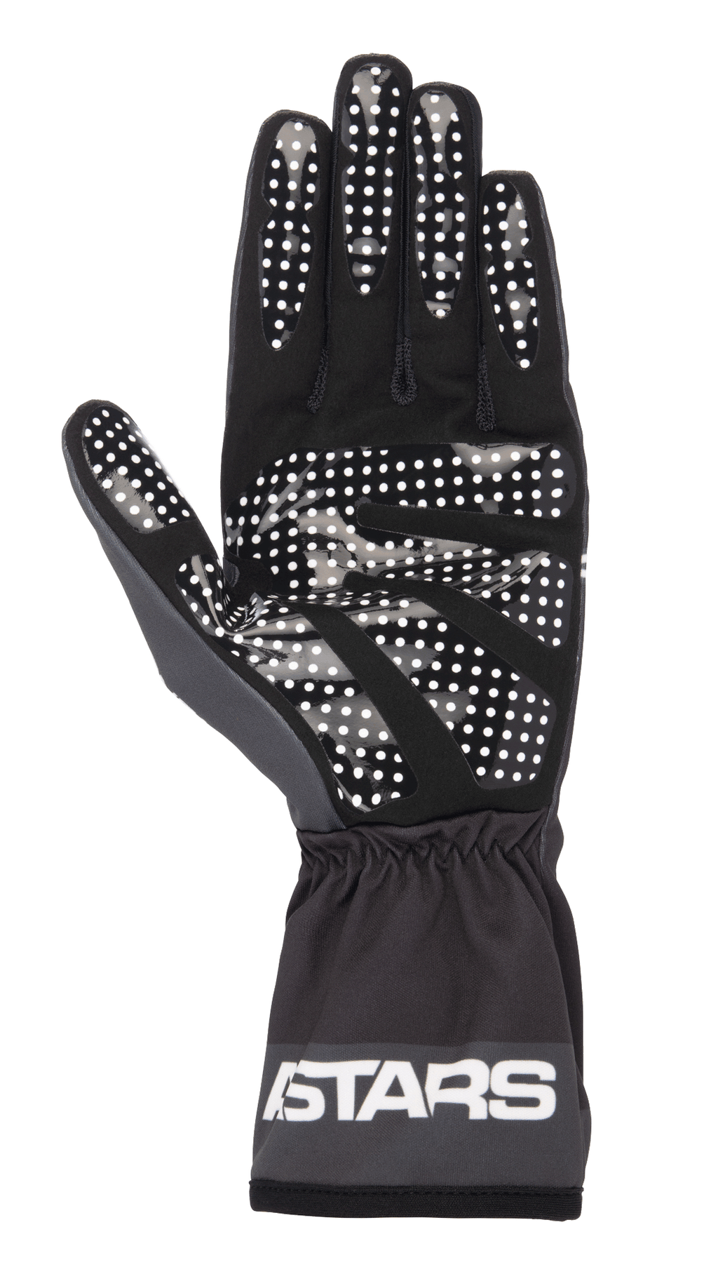 Alpinestars Tech-1 K Race V2 One Vision-handsker, sort og Tar Gray, håndfladevisning med hvidt silikone-prikket grebsmønster, elastisk manchet med ASTARS-logo, letvægts karting-udstyr