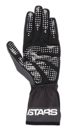 Alpinestars Tech-1 K Race V2 One Vision-handsker, sort og Tar Gray, håndfladevisning med hvidt silikone-prikket grebsmønster, elastisk manchet med ASTARS-logo, letvægts karting-udstyr