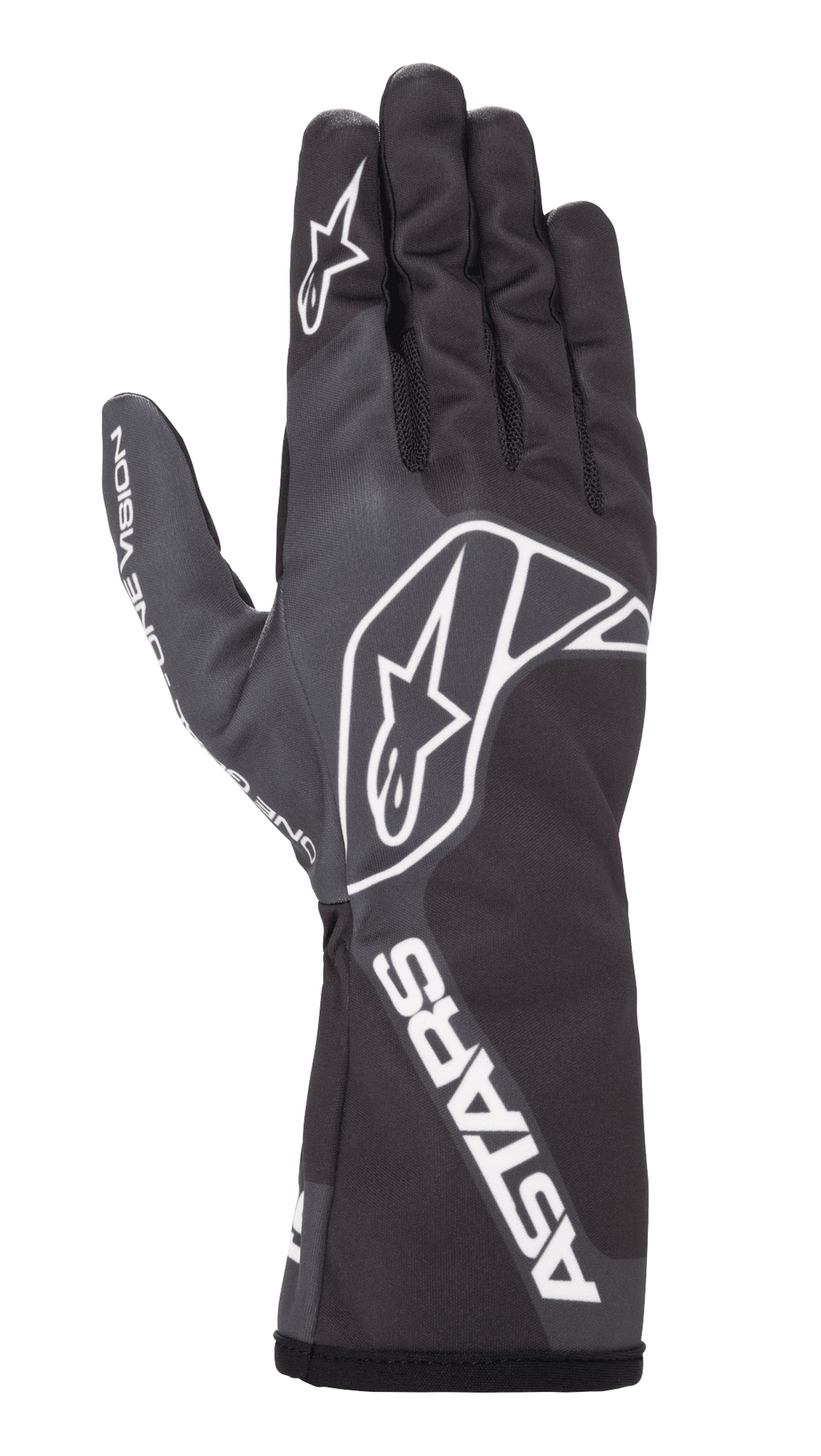 Alpinestars Tech-1 K Race V2 One Vision handsker, karting racinghandsker, sort og koksgrå, med hvidt stjernelogo på håndryggen og fingeren, ASTARS-branding på manchetten, strømlinet design med lang manchet