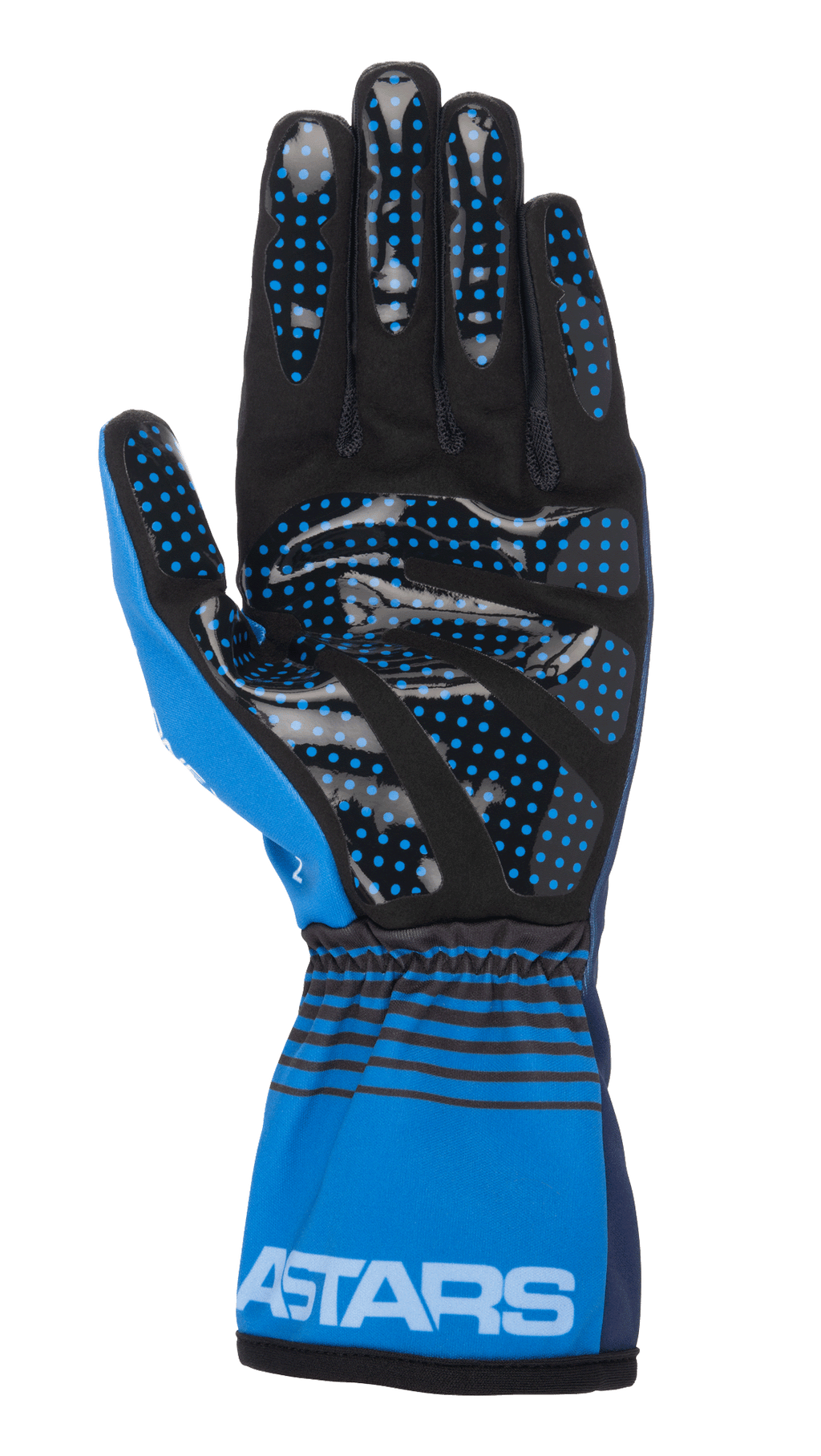 Alpinestars Tech-1 K Race V2 Future handsker, karthandsker, mørkeblå og lyseblå, håndfladevisning med sort syntetisk ruskind og blå silikone-gribeprikker, elastisk manchet med sorte vandrette striber og hvidt ASTARS-logo