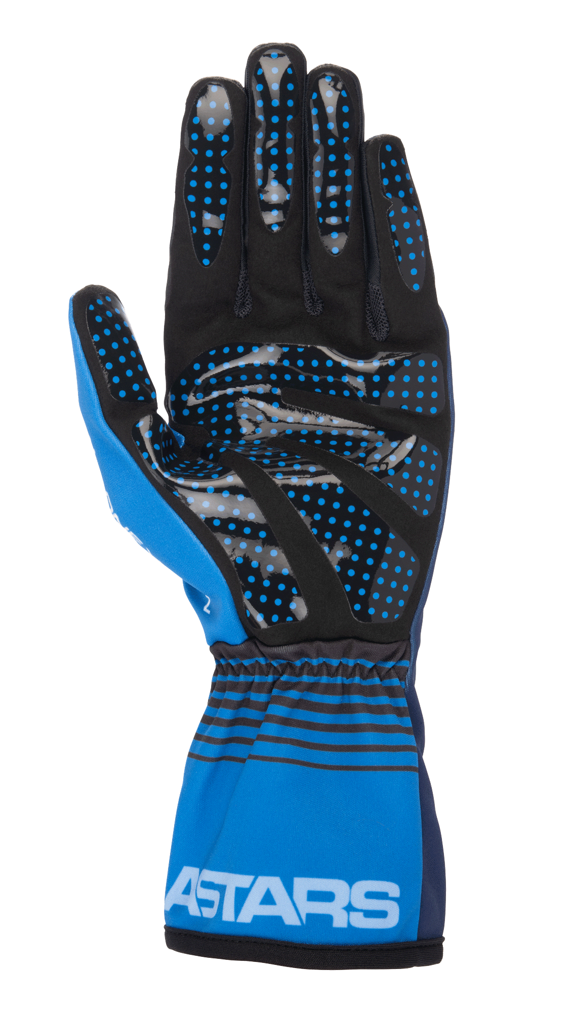 Alpinestars Tech-1 K Race V2 Future handsker, karthandsker, mørkeblå og lyseblå, håndfladevisning med sort syntetisk ruskind og blå silikone-gribeprikker, elastisk manchet med sorte vandrette striber og hvidt ASTARS-logo