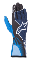 Alpinestars Tech-1 K Race V2 Future handsker, karting racinghandsker, mørkeblå og lyseblå med sorte detaljer, stort hvidt stjernelogo, dynamiske buede linjer, mesh-sektioner på fingrene og sporty motorsportdesign med hvid branding
