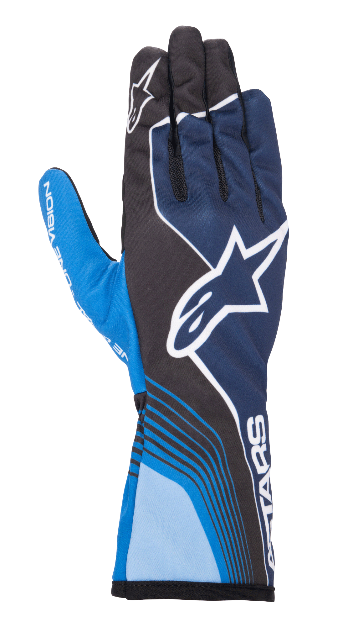 Alpinestars Tech-1 K Race V2 Future handsker, karting racinghandsker, mørkeblå og lyseblå med sorte detaljer, stort hvidt stjernelogo, dynamiske buede linjer, mesh-sektioner på fingrene og sporty motorsportdesign med hvid branding