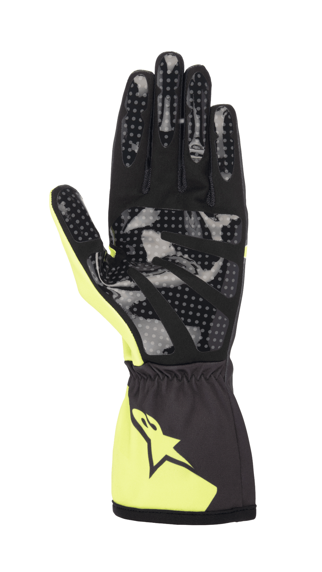 Alpinestars Youth Tech-1 K Race S V2 Corporate handsker, karthandsker, antracit og lime, set fra håndfladen med prikket silikonegreb, håndflade i syntetisk ruskind og elastisk manchet med Alpinestars-logo