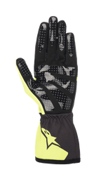 Alpinestars Youth Tech-1 K Race S V2 Corporate handsker, karthandsker, antracit og lime, set fra håndfladen med prikket silikonegreb, håndflade i syntetisk ruskind og elastisk manchet med Alpinestars-logo