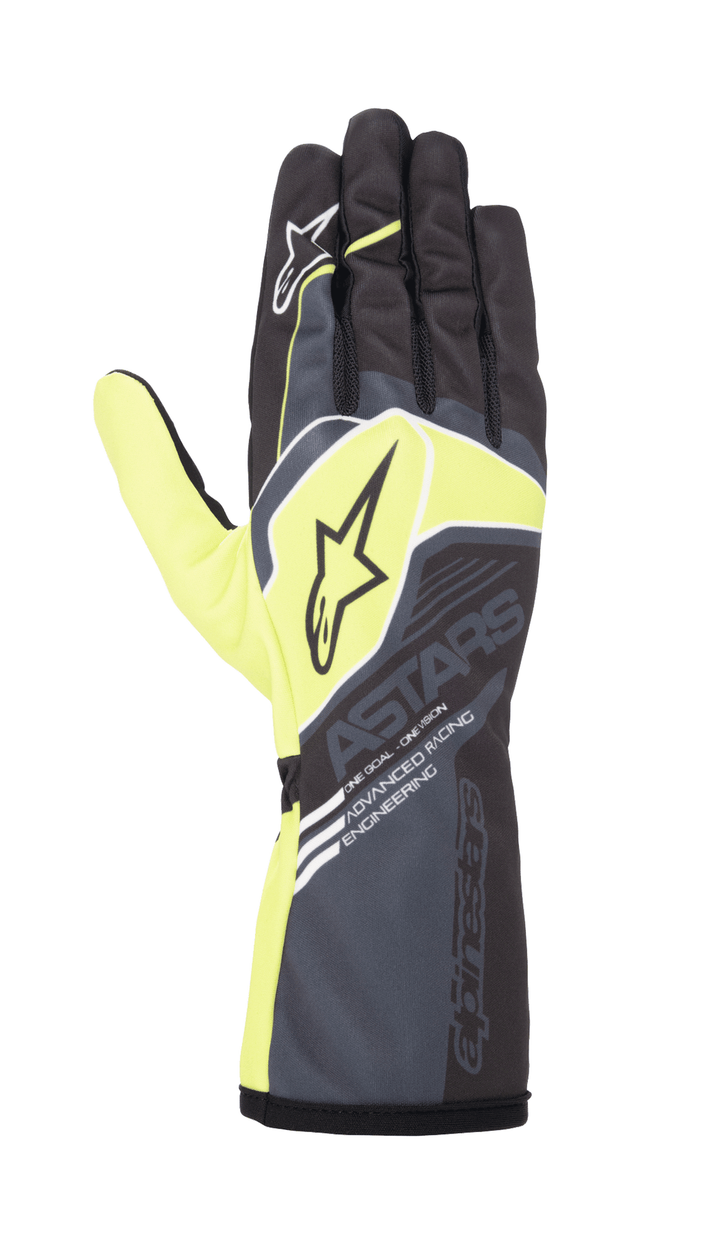 Alpinestars Youth Tech-1 K Race S V2 Corporate handsker, karting racinghandsker, antracitgrå og limegrøn, med stjerne-logoer og 'ASTARS' branding, lang manchet med 'Advanced Racing Engineering' tekst, højtydende racing-design til unge kørere