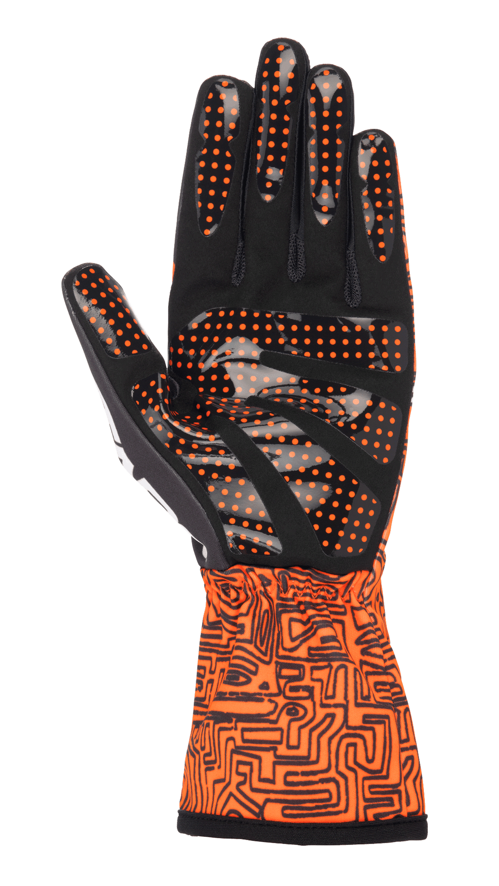 Alpinestars Tech-1 K Race V2 Vertical handsker, kartinghandsker, neonorange og sort, håndfladevisning med sort syntetisk ruskind og orange silikoneprikker for greb, manchet med detaljeret sort grafisk mønster, designet til præcis kontrol ved gokartkørsel