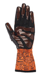 Alpinestars Tech-1 K Race V2 Vertical handsker, kartinghandsker, neonorange og sort, håndfladevisning med sort syntetisk ruskind og orange silikoneprikker for greb, manchet med detaljeret sort grafisk mønster, designet til præcis kontrol ved gokartkørsel