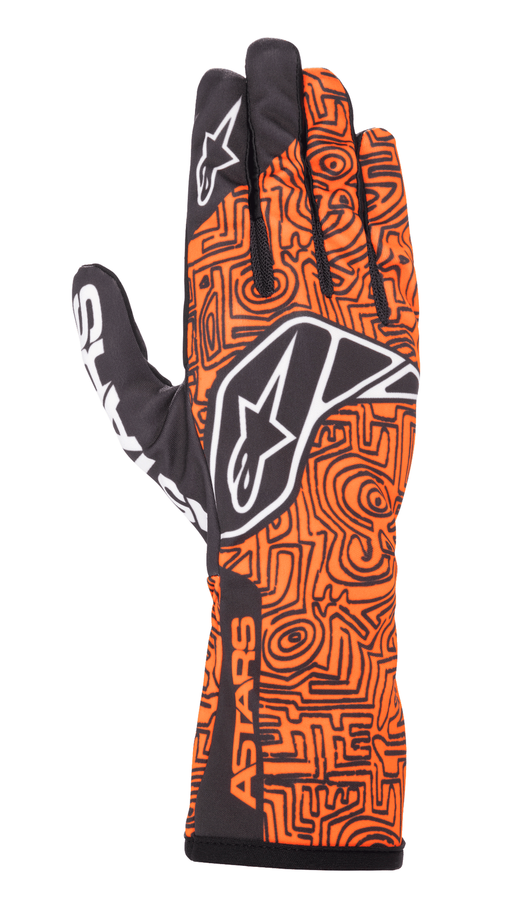 Alpinestars Tech-1 K Race V2 Vertical handsker, karting racinghandsker, orange fluo og sort, indviklet sort labyrint-agtigt geometrisk mønster, hvidt Alpinestars-logo på håndryggen og pegefingeren, ASTARS-branding på siden af håndleddet, letvægts åndbart mesh-design