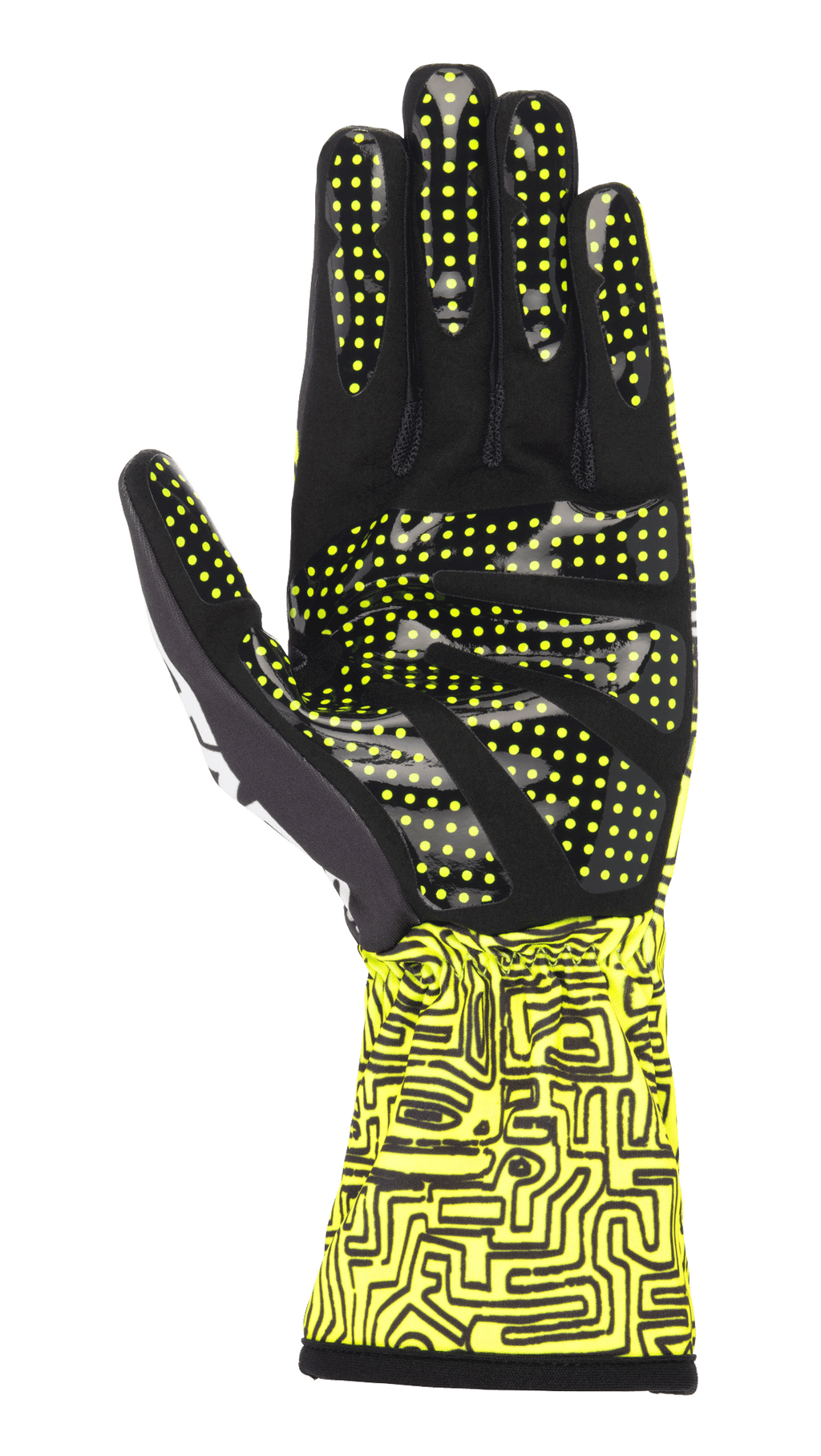 Alpinestars Tech-1 K Race V2 Vertical-handsker, gul fluo og sort, håndfladevisning der fremhæver silikone-grebsmønster med gule prikker, abstrakt digitalt print på manchetten, specialiseret karting-handskedesign