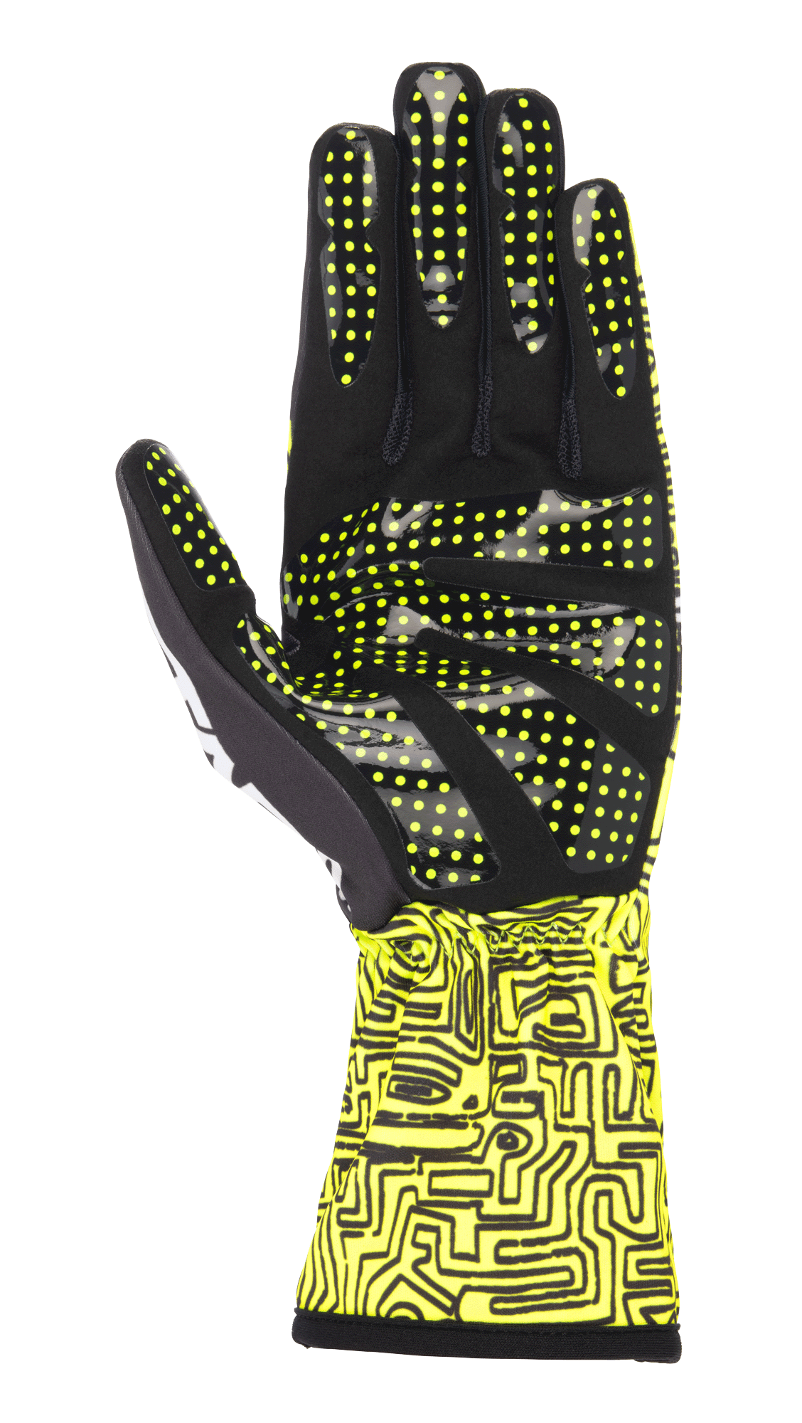 Alpinestars Tech-1 K Race V2 Vertical-handsker, gul fluo og sort, håndfladevisning der fremhæver silikone-grebsmønster med gule prikker, abstrakt digitalt print på manchetten, specialiseret karting-handskedesign