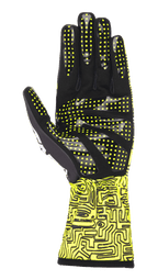 Alpinestars Tech-1 K Race V2 Vertical-handsker, gul fluo og sort, håndfladevisning der fremhæver silikone-grebsmønster med gule prikker, abstrakt digitalt print på manchetten, specialiseret karting-handskedesign