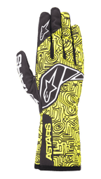 Alpinestars Tech-1 K Race V2 Vertical handsker, karting racinghandsker, fluorgul og sort, med hvidt stjernelogo, indviklet abstrakt linjemønster og ASTARS-branding på manchetten, letvægtsdesign til motorsportsbrug