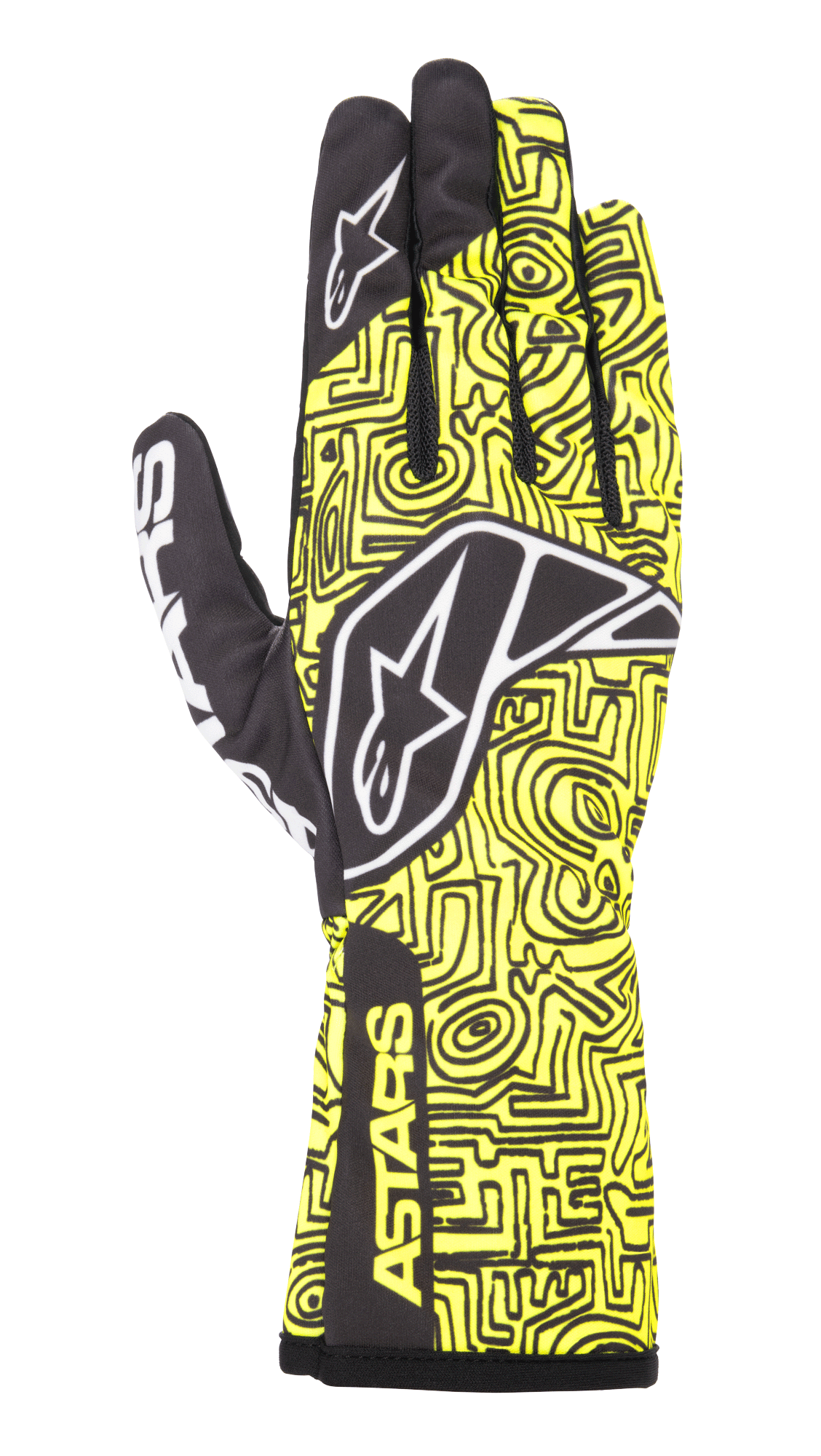 Alpinestars Tech-1 K Race V2 Vertical handsker, karting racinghandsker, fluorgul og sort, med hvidt stjernelogo, indviklet abstrakt linjemønster og ASTARS-branding på manchetten, letvægtsdesign til motorsportsbrug