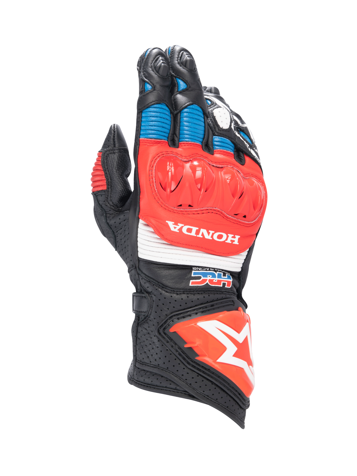 Alpinestars Honda GP Pro R3 Gloves, black and red leather motorcycle racing gauntlets with DFS knuckle protection.