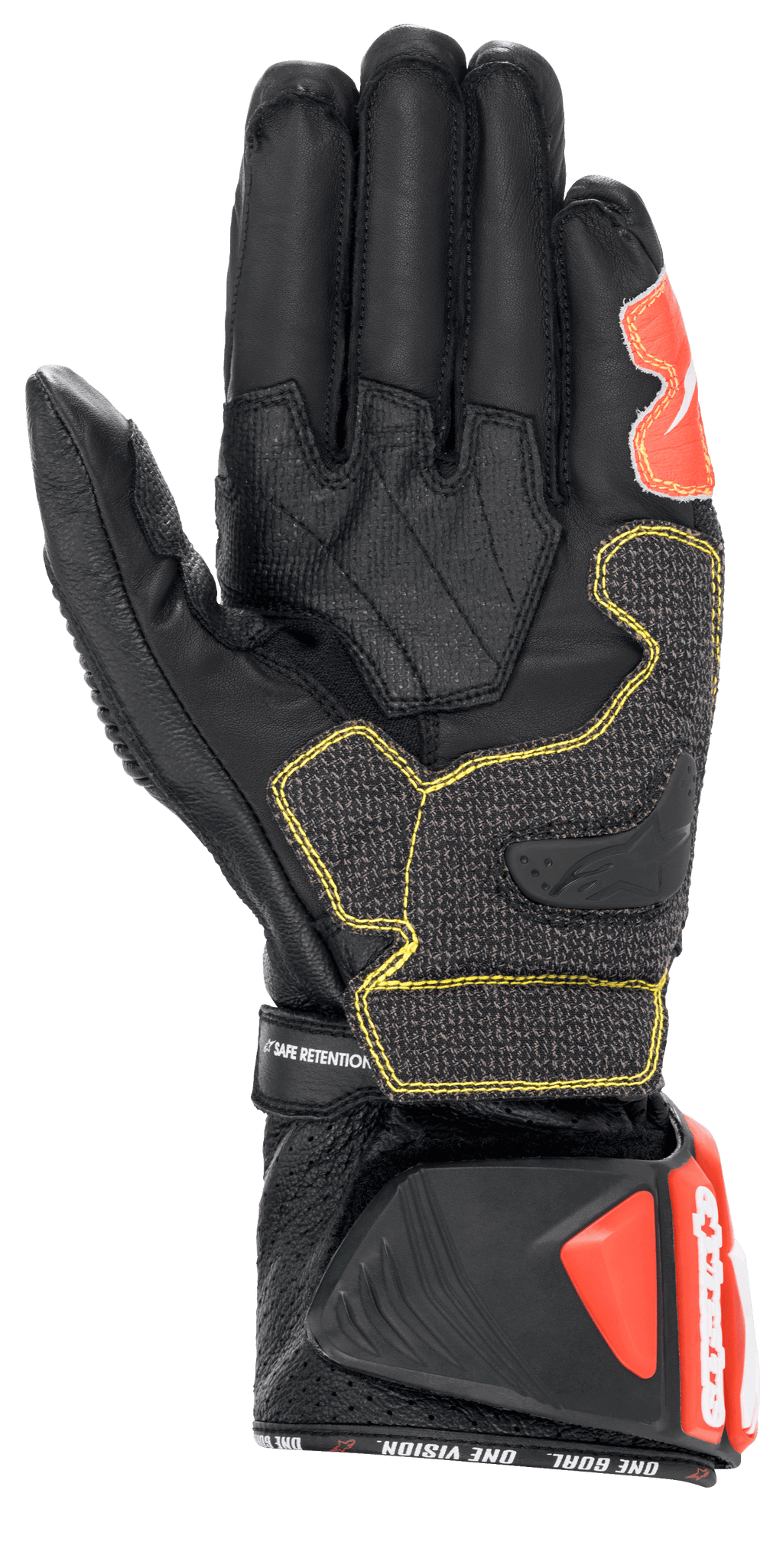 Alpinestars GP Tech V2 handsker, sort, hvid og rød fluo, set fra håndfladen med sort læderkonstruktion og gule kontrastsyninger, beskyttende DFS-manchet med røde detaljer, professionelt racing-motorcykeludstyr
