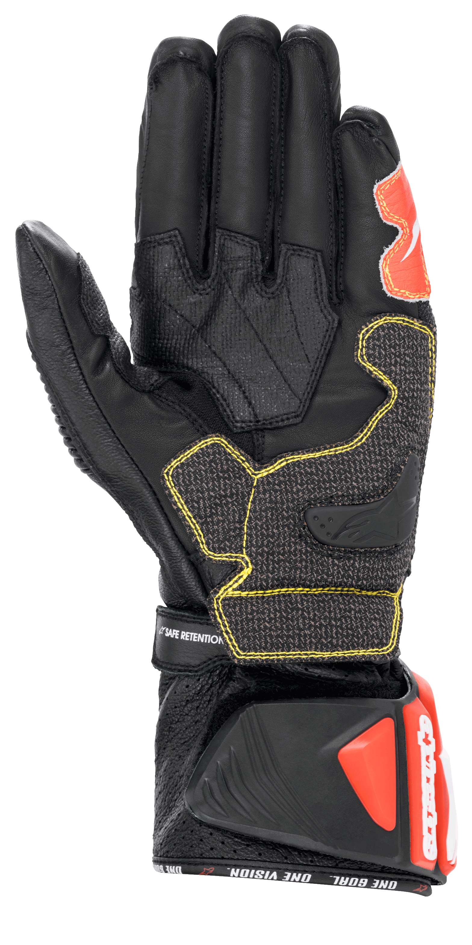 Alpinestars GP Tech V2 handsker, sort, hvid og rød fluo, set fra håndfladen med sort læderkonstruktion og gule kontrastsyninger, beskyttende DFS-manchet med røde detaljer, professionelt racing-motorcykeludstyr