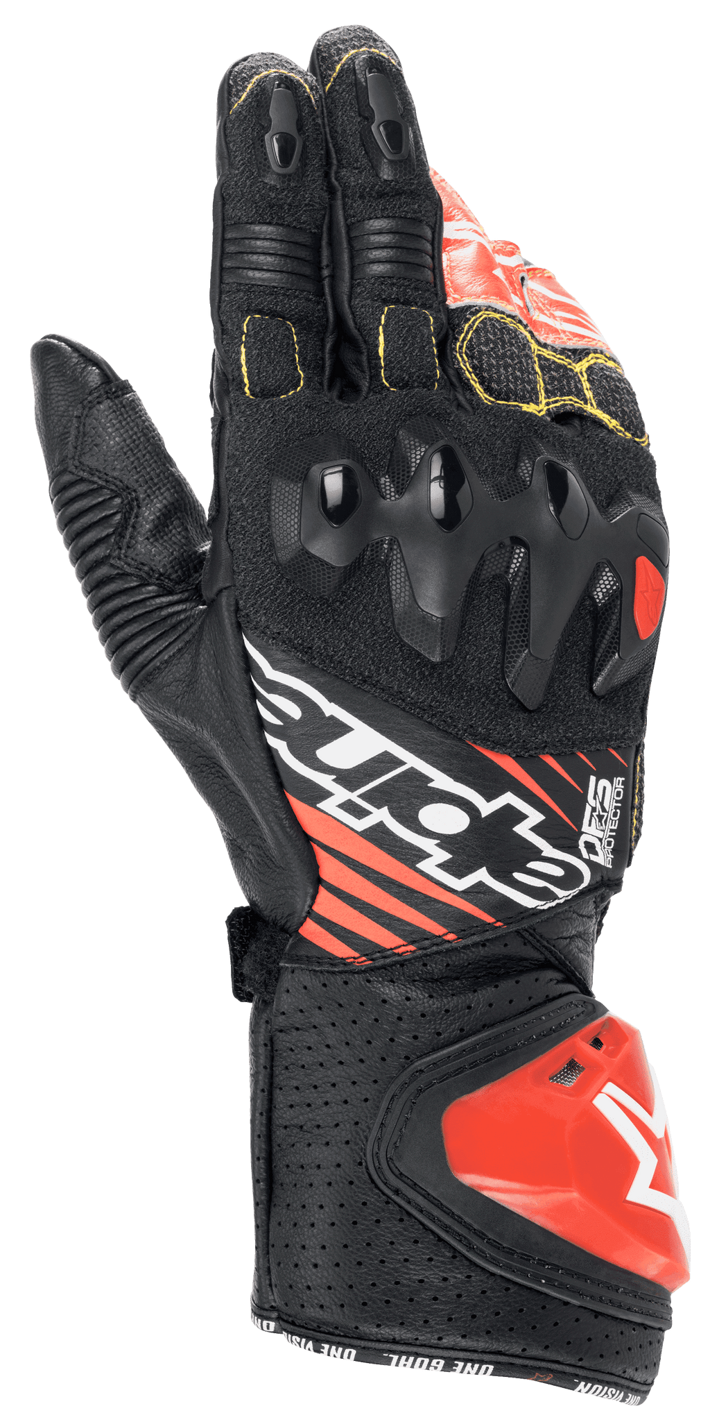 Alpinestars GP Tech V2 handsker, motorcykelracinghandsker, sort, hvid og rød fluo, dobbelt densitets knobeskytter, perforeret læder med gule syninger, rød DFS-manchetslider, professionelt racing-design