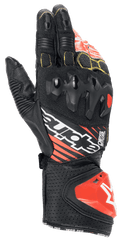 Alpinestars GP Tech V2 handsker, motorcykelracinghandsker, sort, hvid og rød fluo, dobbelt densitets knobeskytter, perforeret læder med gule syninger, rød DFS-manchetslider, professionelt racing-design