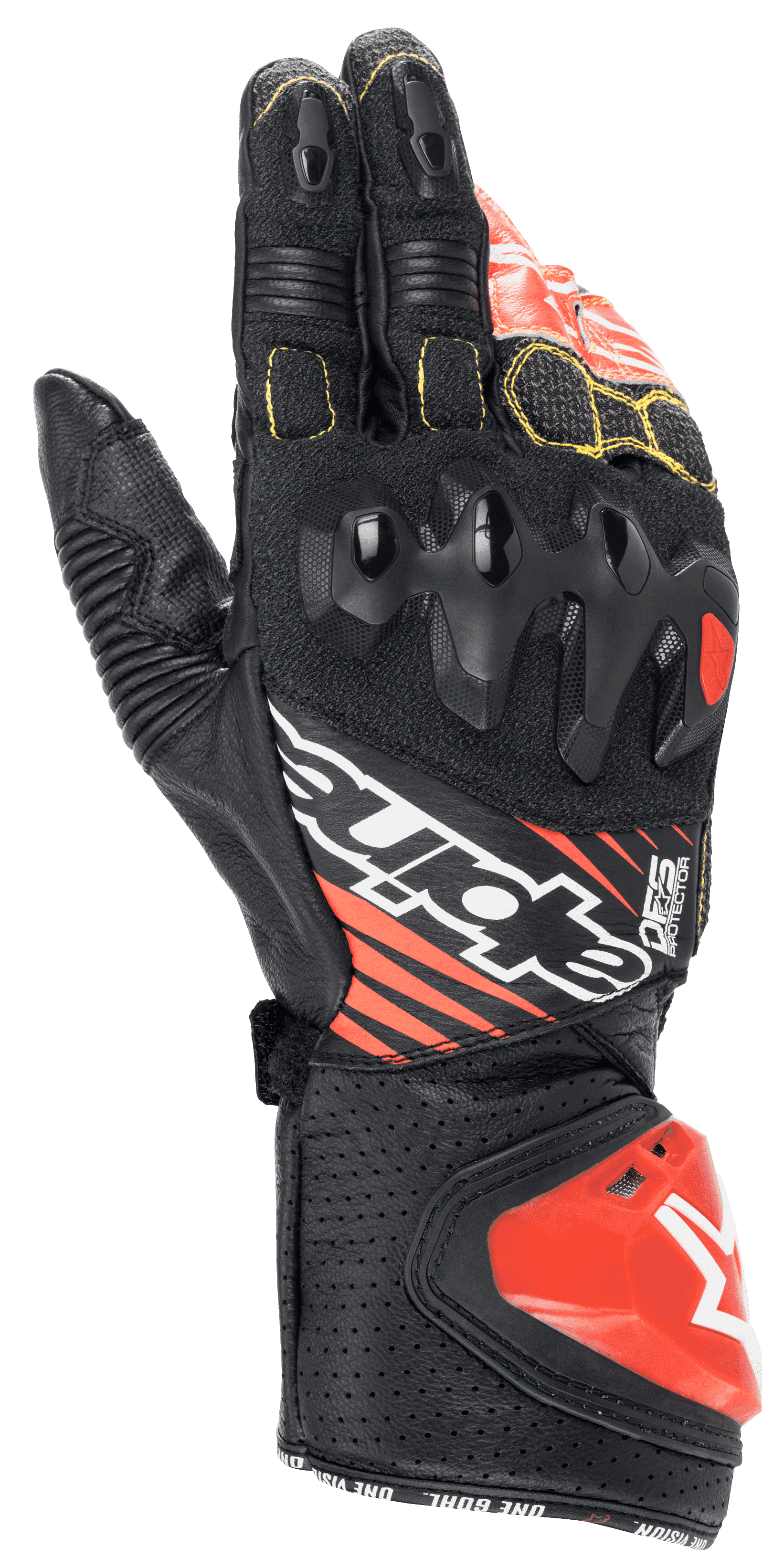 Alpinestars GP Tech V2 handsker, motorcykelracinghandsker, sort, hvid og rød fluo, dobbelt densitets knobeskytter, perforeret læder med gule syninger, rød DFS-manchetslider, professionelt racing-design