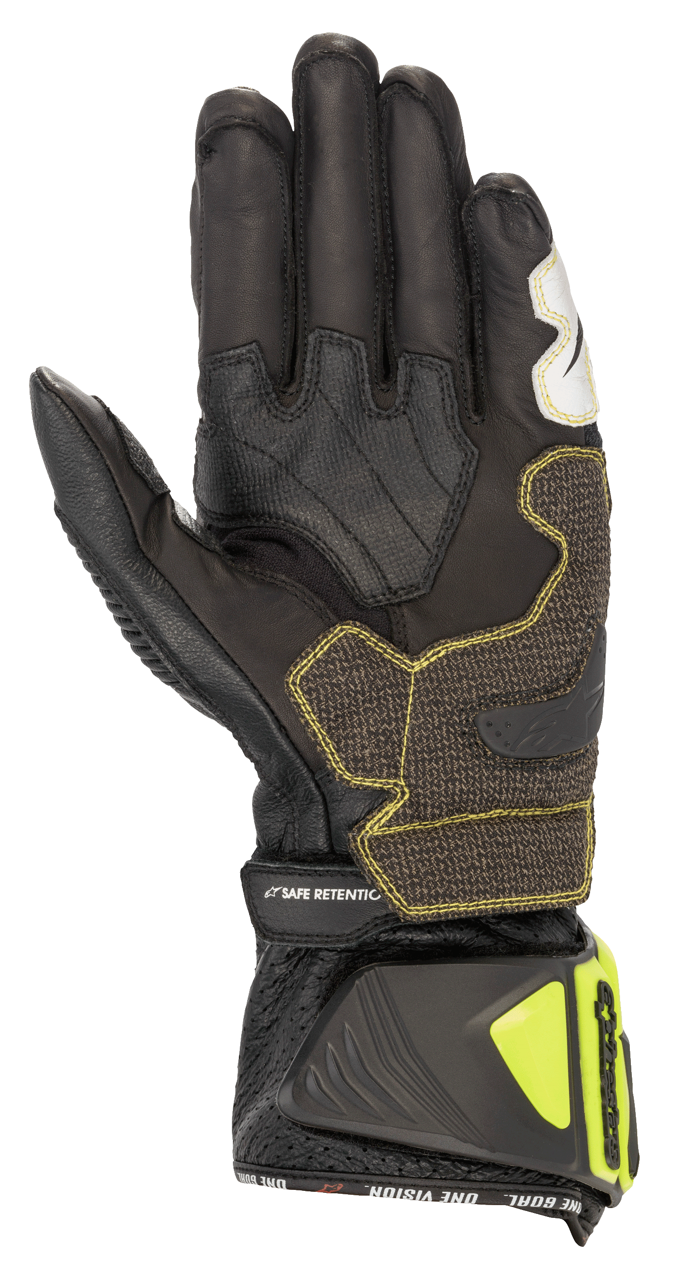 Alpinestars GP Tech V2 handsker, sort og gul fluo, set fra håndfladesiden med kængurulæderkonstruktion, forstærkede gribepaneler med gule syninger, ergonomisk manchet med gule fluo-beskyttere og 'SAFE RETENTION'-strop, professionelt motorcykeludstyr til racing