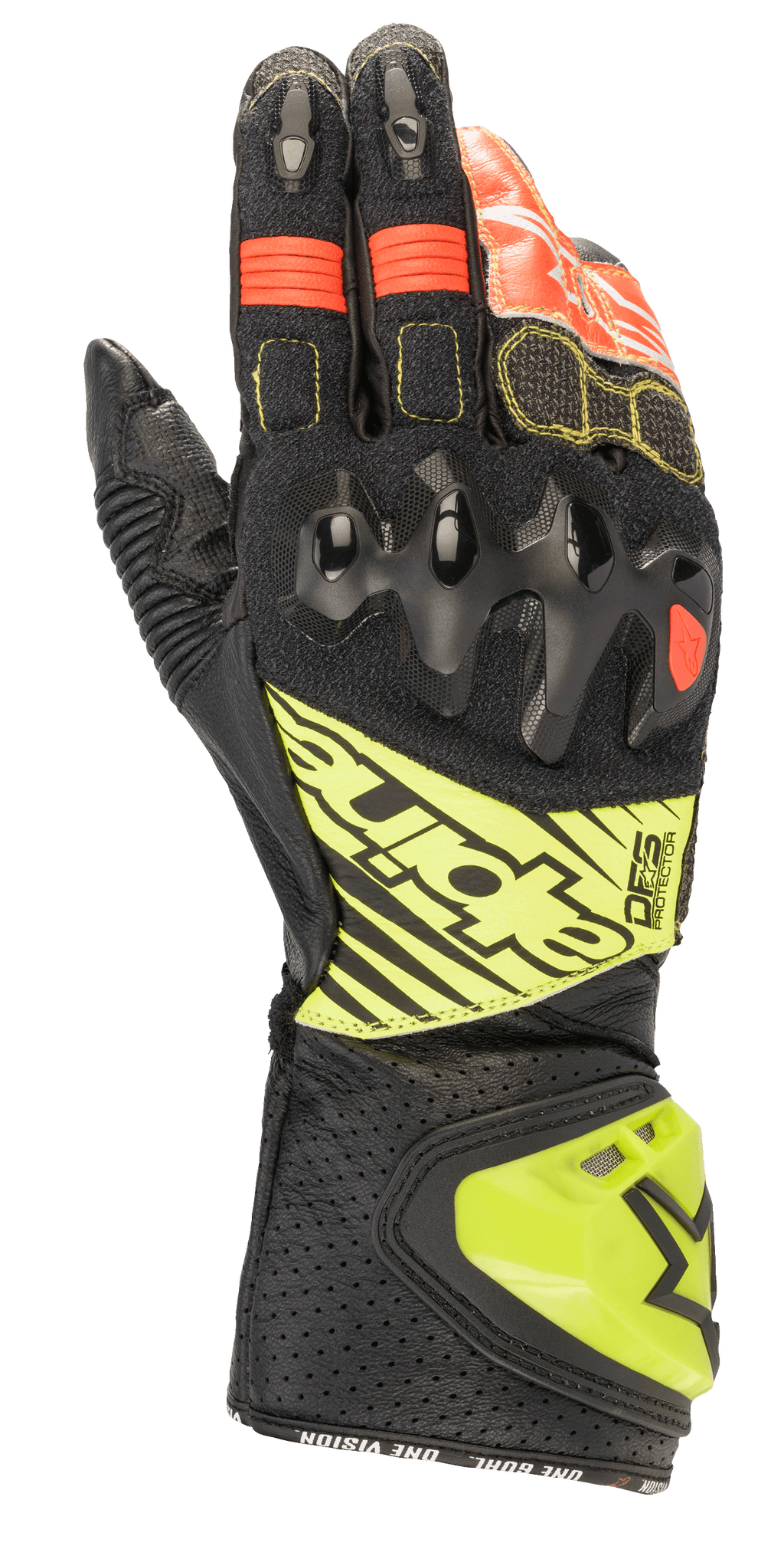 Alpinestars GP Tech V2 handsker, motorcykelracinghandsker, sort med gul fluo og røde detaljer, med hård knobeskyttelse, perforeret lædermanchet med DFS-branding og harmonika-strækpaneler for optimal fleksibilitet.