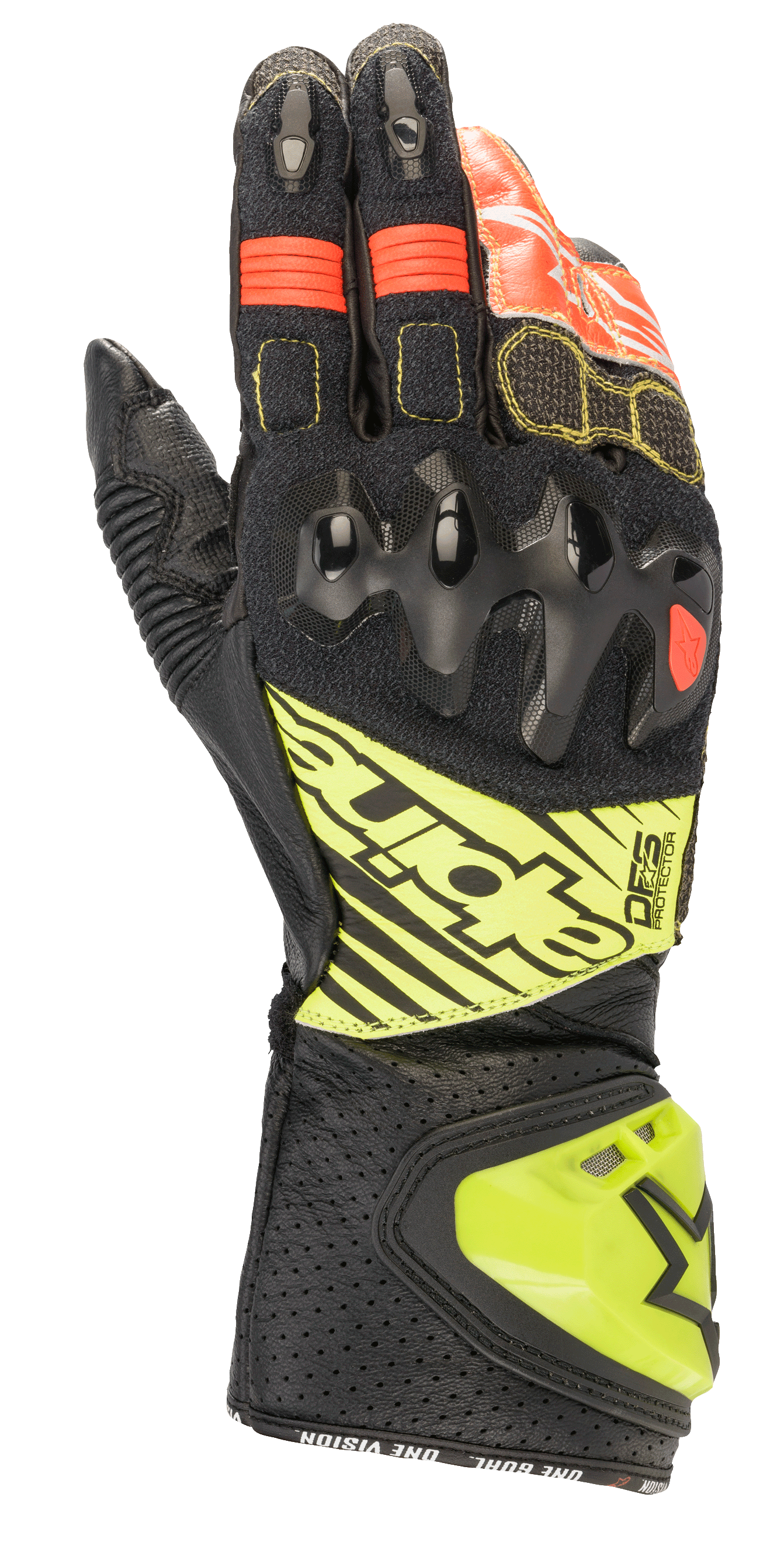 Alpinestars GP Tech V2 handsker, motorcykelracinghandsker, sort med gul fluo og røde detaljer, med hård knobeskyttelse, perforeret lædermanchet med DFS-branding og harmonika-strækpaneler for optimal fleksibilitet.