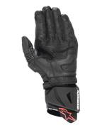 Alpinestars GP Pro R4 handsker, racing-manchethandsker, sort, håndfladevisning der viser forstærket læderkonstruktion, perforerede fingerdetaljer og DFS-manchetbeskytter med strop med rødt stjernelogo