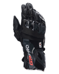 Alpinestars GP Pro R4 handsker, sorte motorcykel racinghandsker, med DFS kno- og manchetbeskyttere, førsteklasses læderkonstruktion med rød og hvid branding, højtydende beskyttelse til banekørsel