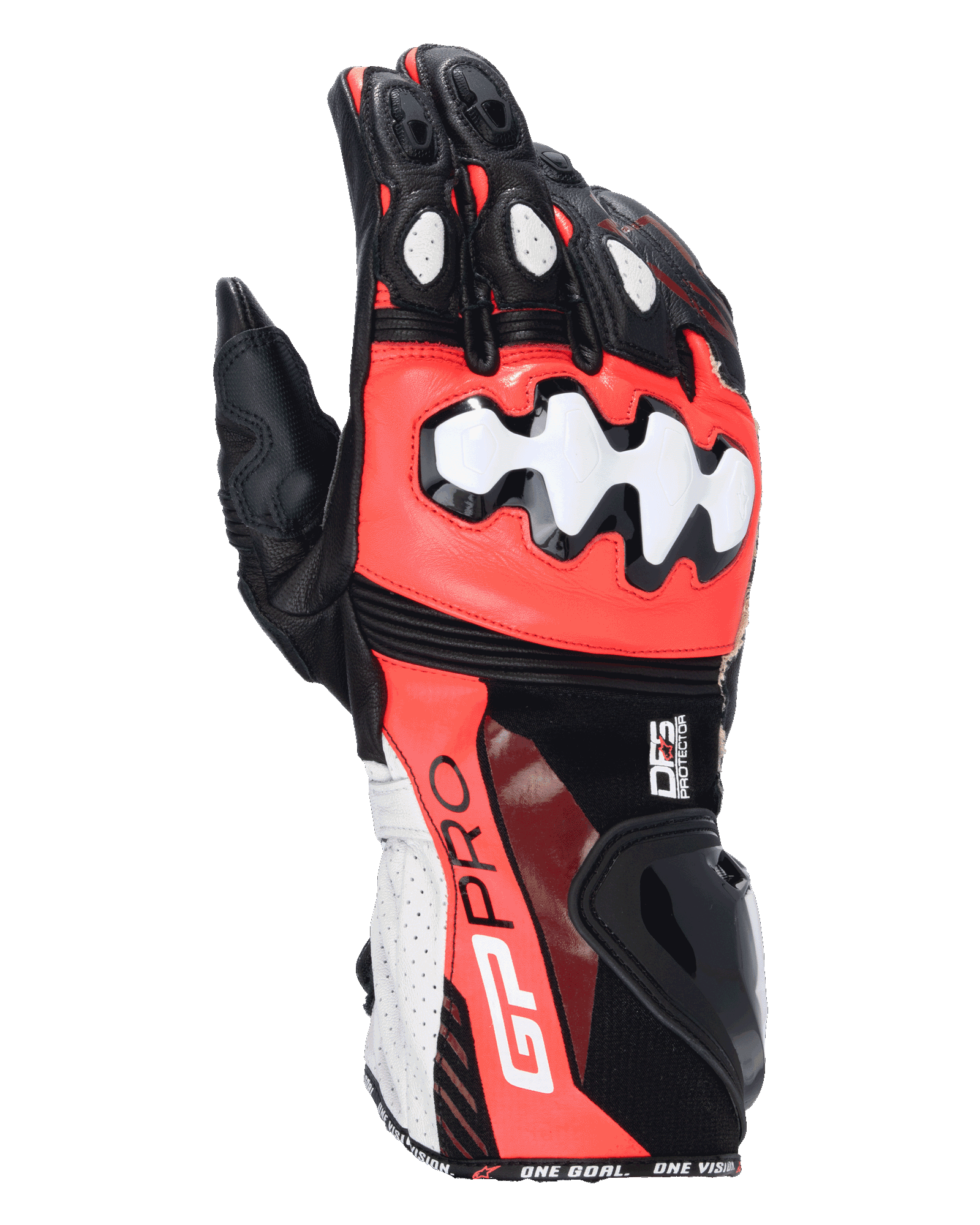 Alpinestars GP Pro R4 Gloves, Motorcycle Racing Gloves, Black Red Fluo and White, featuring DFS knuckle and cuff protectors, perforated leather construction, GP Pro branding on the gauntlet, high-performance racing gear