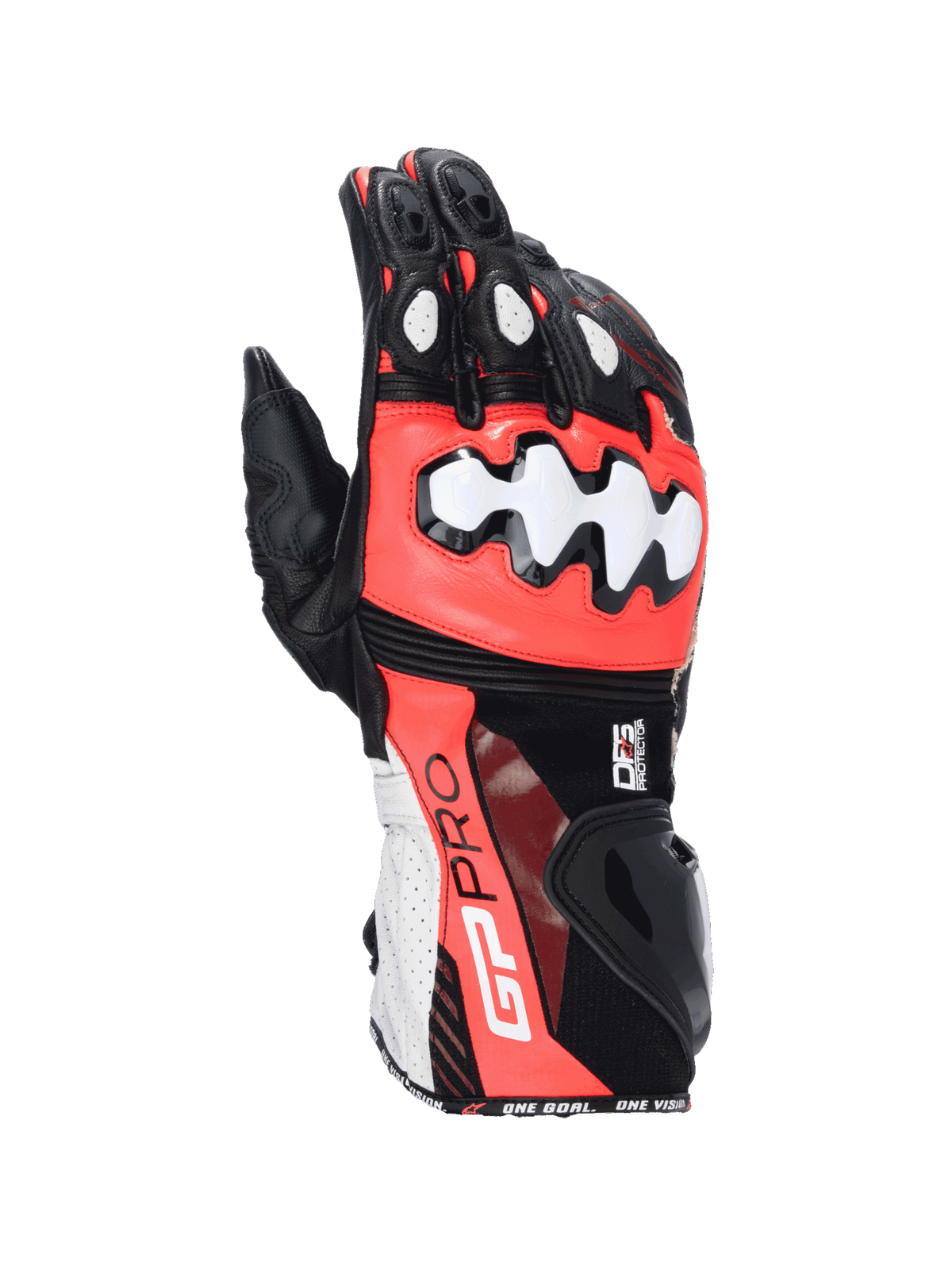 Alpinestars GP Pro R4 handsker, motorcykelracinghandsker, sort, rød og hvid, læder med DFS-knobeskyttelse, håndryg