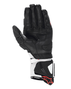 Alpinestars GP Pro R4 Gloves, Racing Gauntlet Gloves, Black and White, palm side view showing high-performance leather construction, perforated cuff with hard sliders and red logo accents