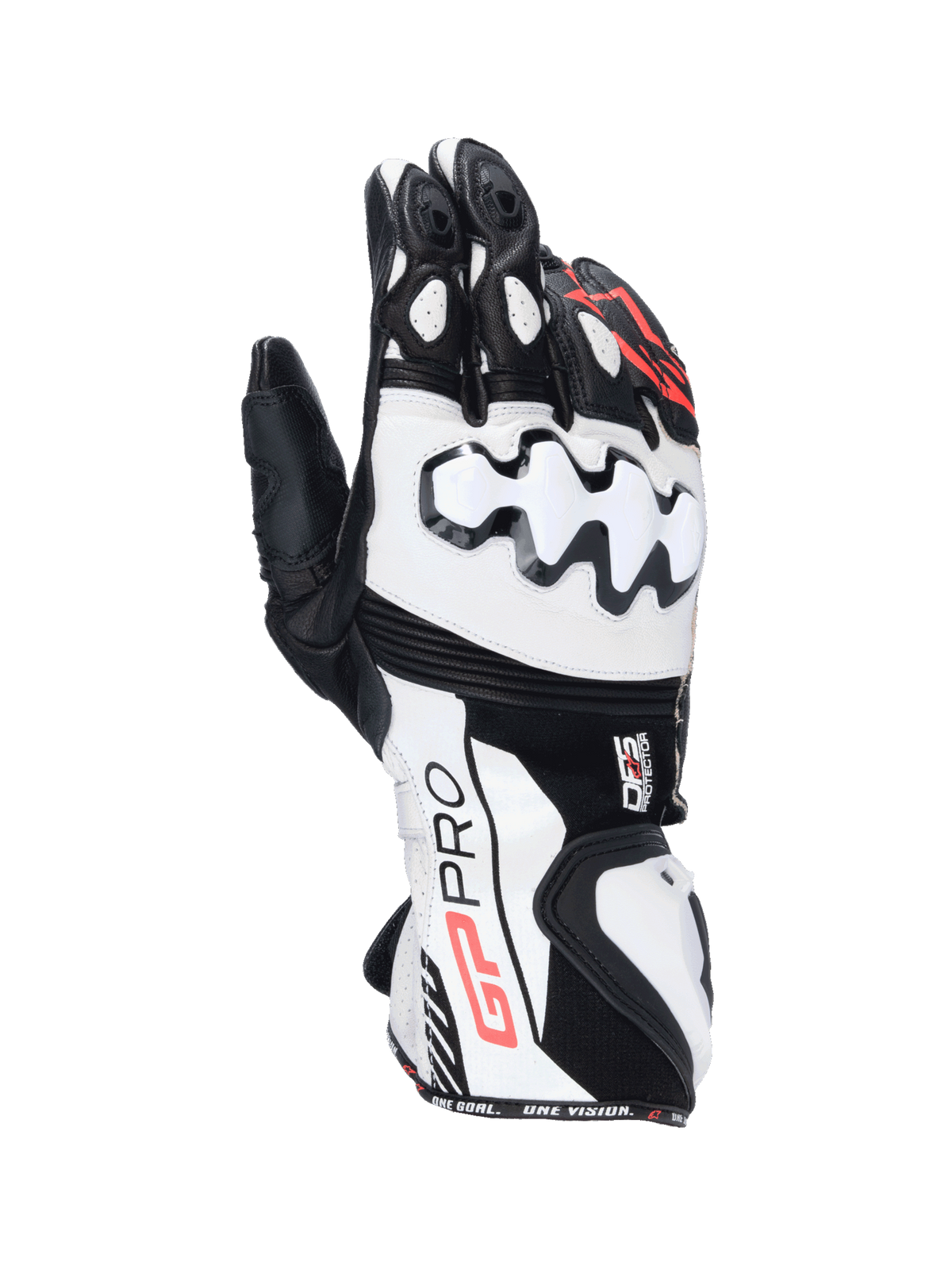 Alpinestars GP Pro R4 handsker, racinghandsker til mænd i sort og hvidt læder med DFS-knobeskyttelse.