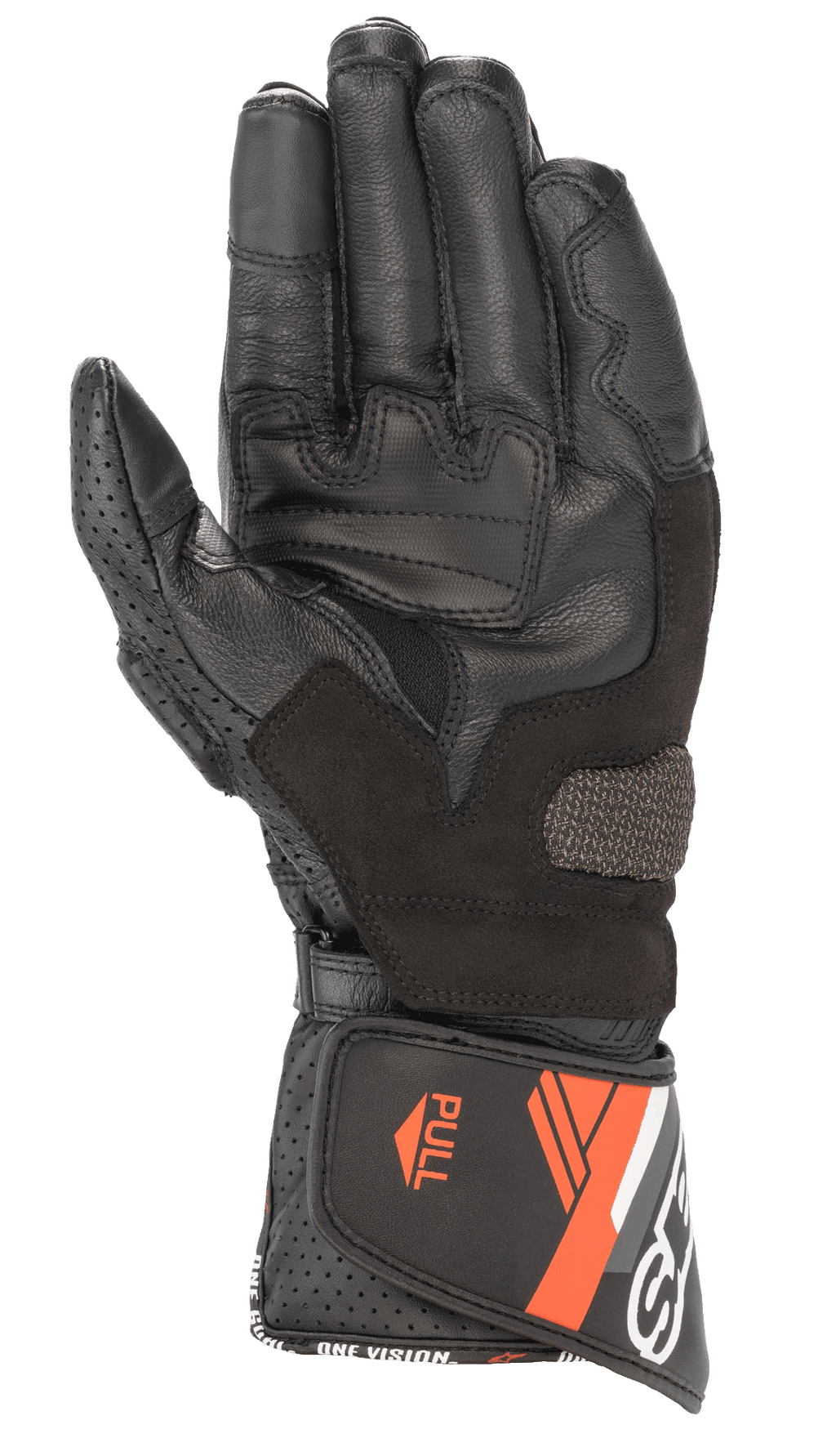 Alpinestars SP-8 V3 læderhandske, motorcykelhandske, sort og rød fluo, håndfladevisning med forstærkede grebspaneler, perforeret læder på tommelfingeren og justerbar manchet med orange detaljer og "ONE GOAL ONE VISION"-branding